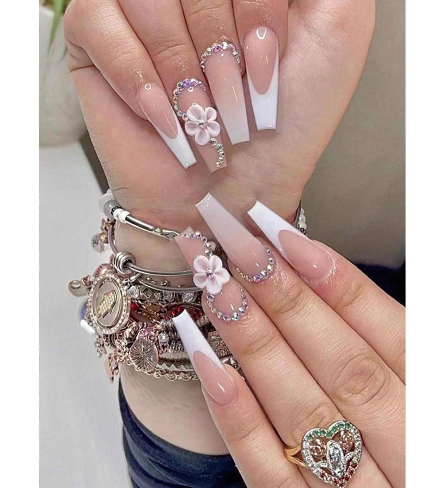 24pcs Pink Flowers Coffin Fake Nail Rhinestone 3D Flower Press on Nails Trendy Flowers Coffin Nails Luxurious Nails Acrylic Nails Fake Nails For Women Girls - Buy Online on GoSupps.com