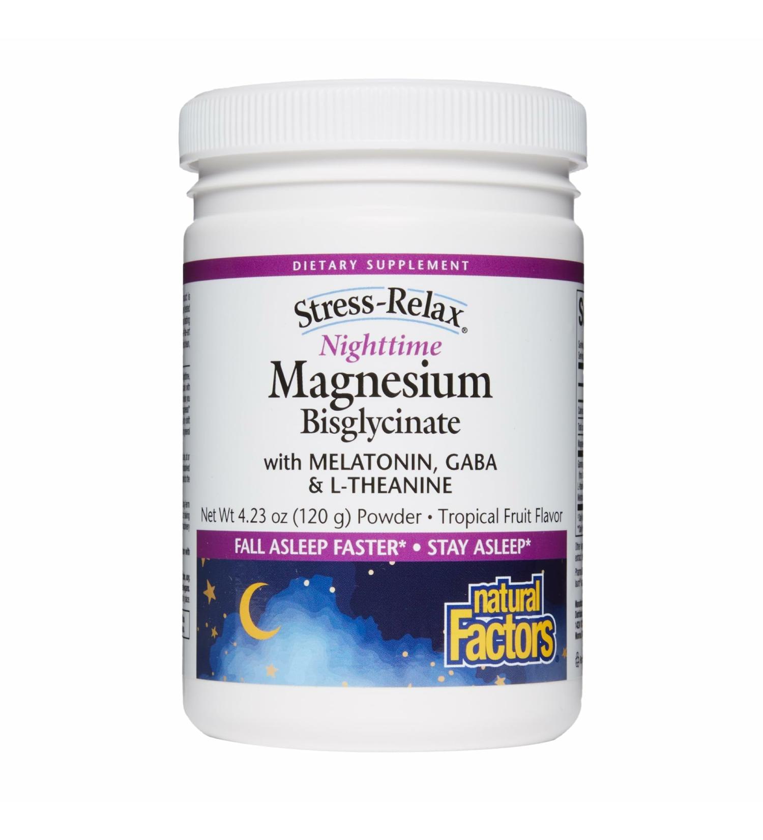Natural Factors Stress-Relax Nighttime Magnesium Bisglycinate - Supports Sleep & Relaxation* - with Melatonin L-Theanine & GABA - Tropical Flavor - 4.23 oz - Buy Online on GoSupps.com