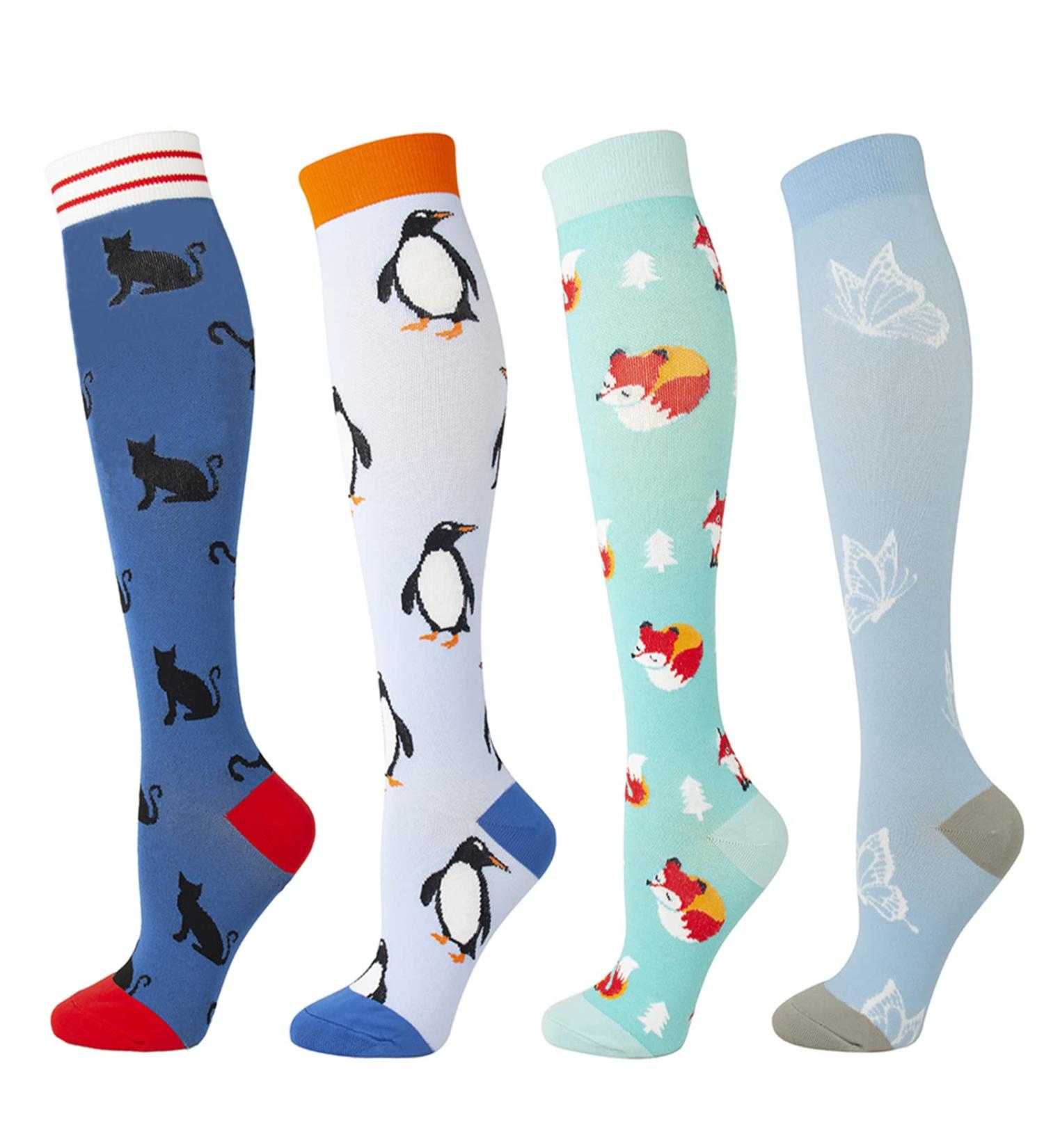 Compression Socks 15-25 mmHg for Women & Men - 4 Pairs, Animal Design - Ideal for Nurses, Youth, Running, Travel - Buy Online on GoSupps.com