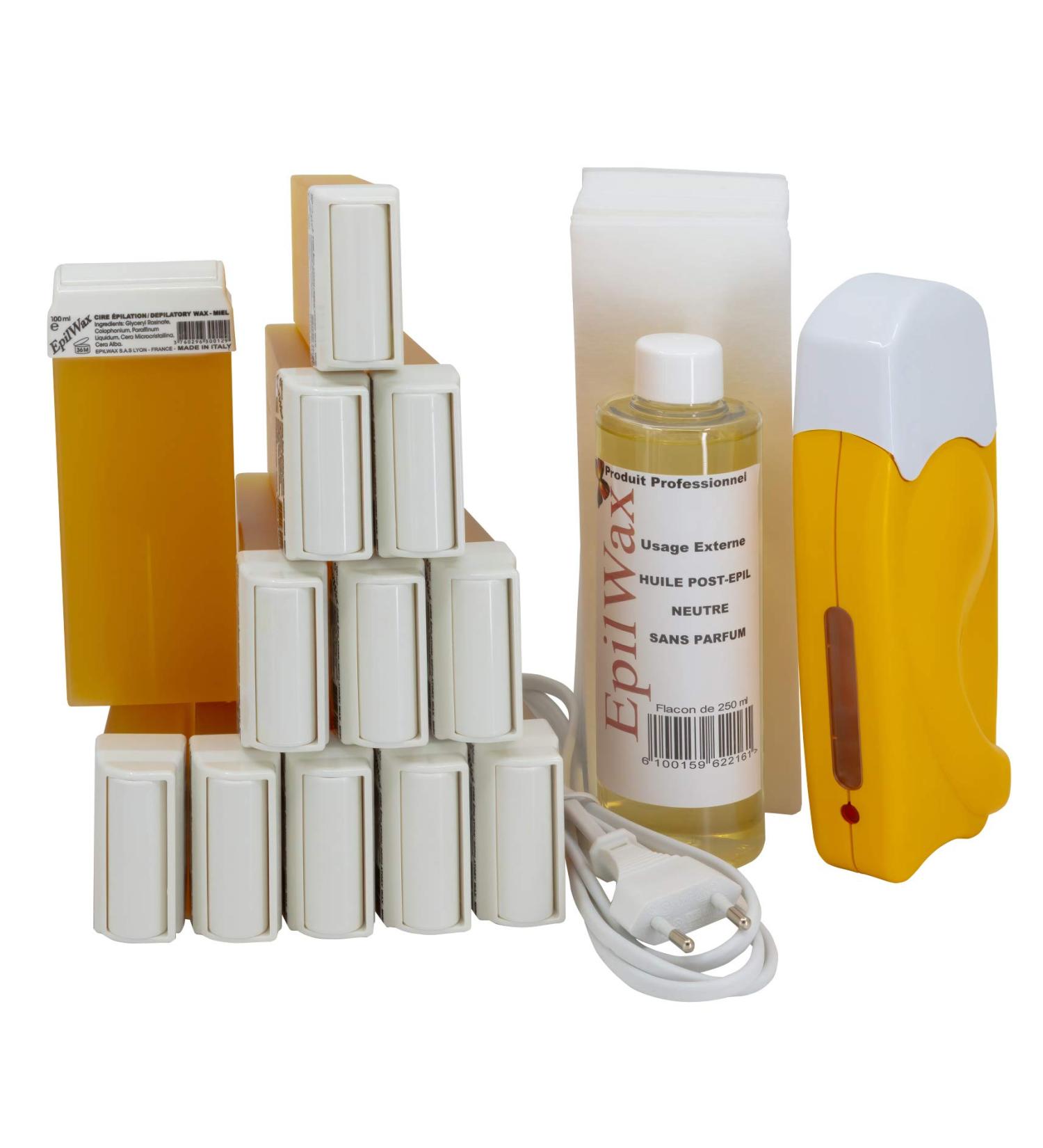 EpilWax Complete Hair Removal Waxing Kit - with 12 Honey Wax Roll-on Cartridges Roll On Wax Heater 100 Strips and Waxing Oil Honey 1 count (Pack of 1) - Buy Online on GoSupps.com