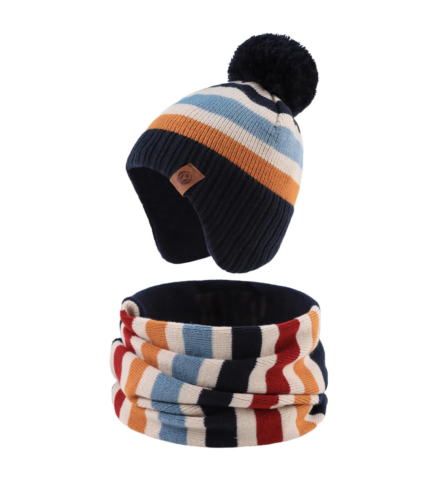 XIAOHAWANG Knitted Baby Hat Winter Warm Boys Girls Beanie with Pompom and Scarf | 4-7 Years Navy Striped Toddler Kids Hat - Buy Online on GoSupps.com