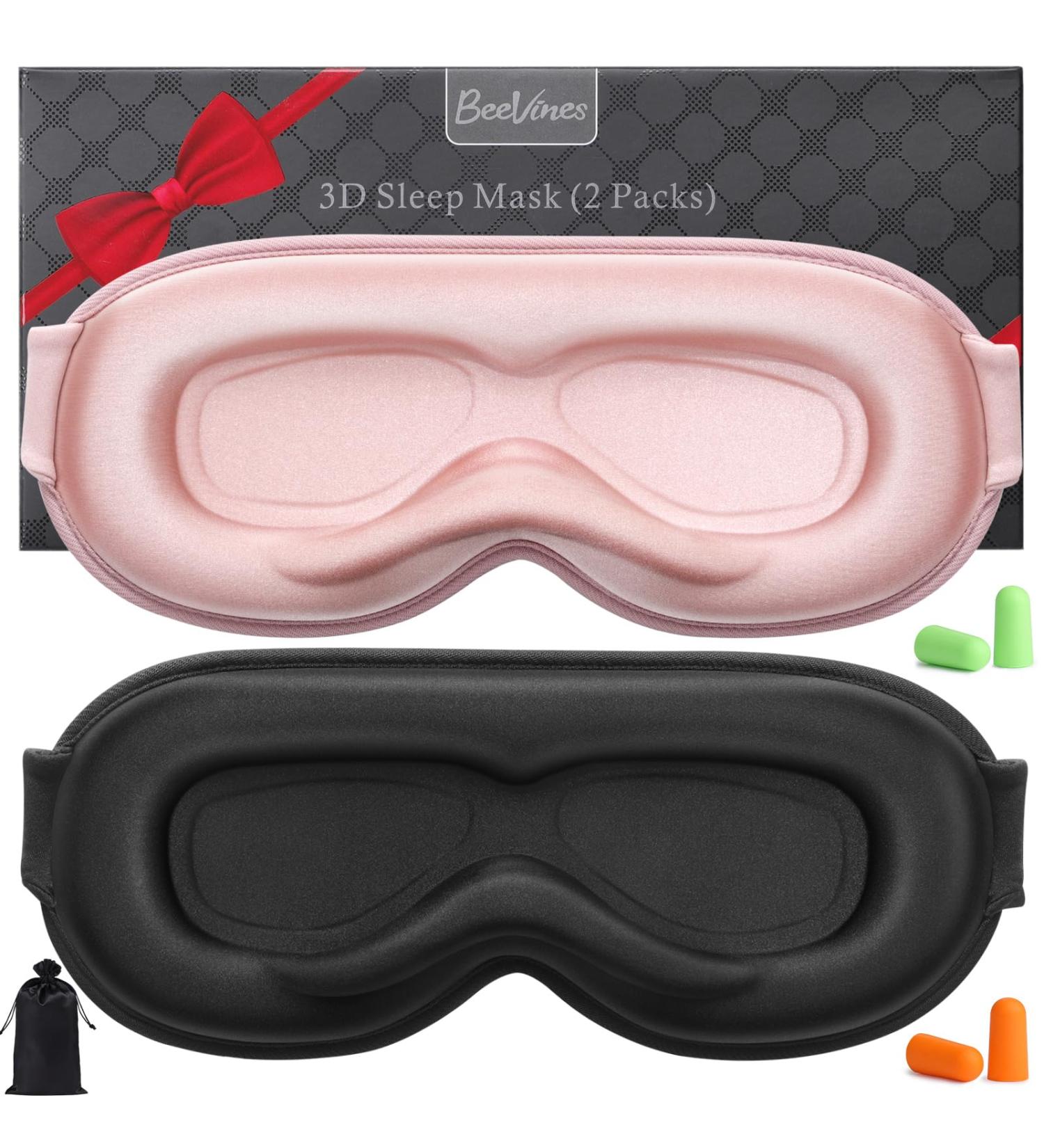 BeeVines 2 Pack Sleep Mask - 100% Blackout 3D Eye Masks for Men & Women | Zero Pressure for Side Sleepers | Includes Travel Pouch (Black & Pink - Buy Online on GoSupps.com