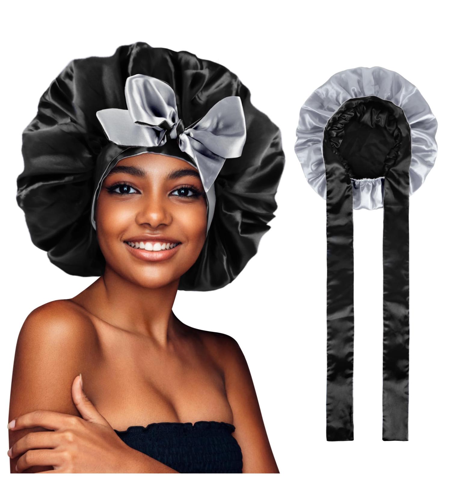 WEIPAO Silk Satin Bonnet - Reversible Double Sided Sleep Cap for Curly Hair | Black+Silver - Buy Online on GoSupps.com