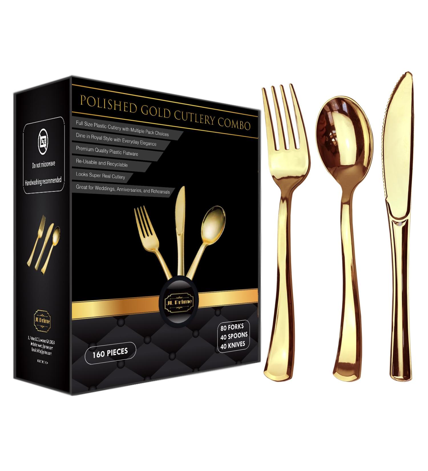 160 Piece Gold Plastic Silverware Set - Reusable & Recyclable - Gold Plastic Utensils for Weddings Anniversaries Showers Parties - 80 Forks 40 Spoons 40 Knives - Elegant Cutlery by JL Prime 160 Gold - Buy Online on GoSupps.com
