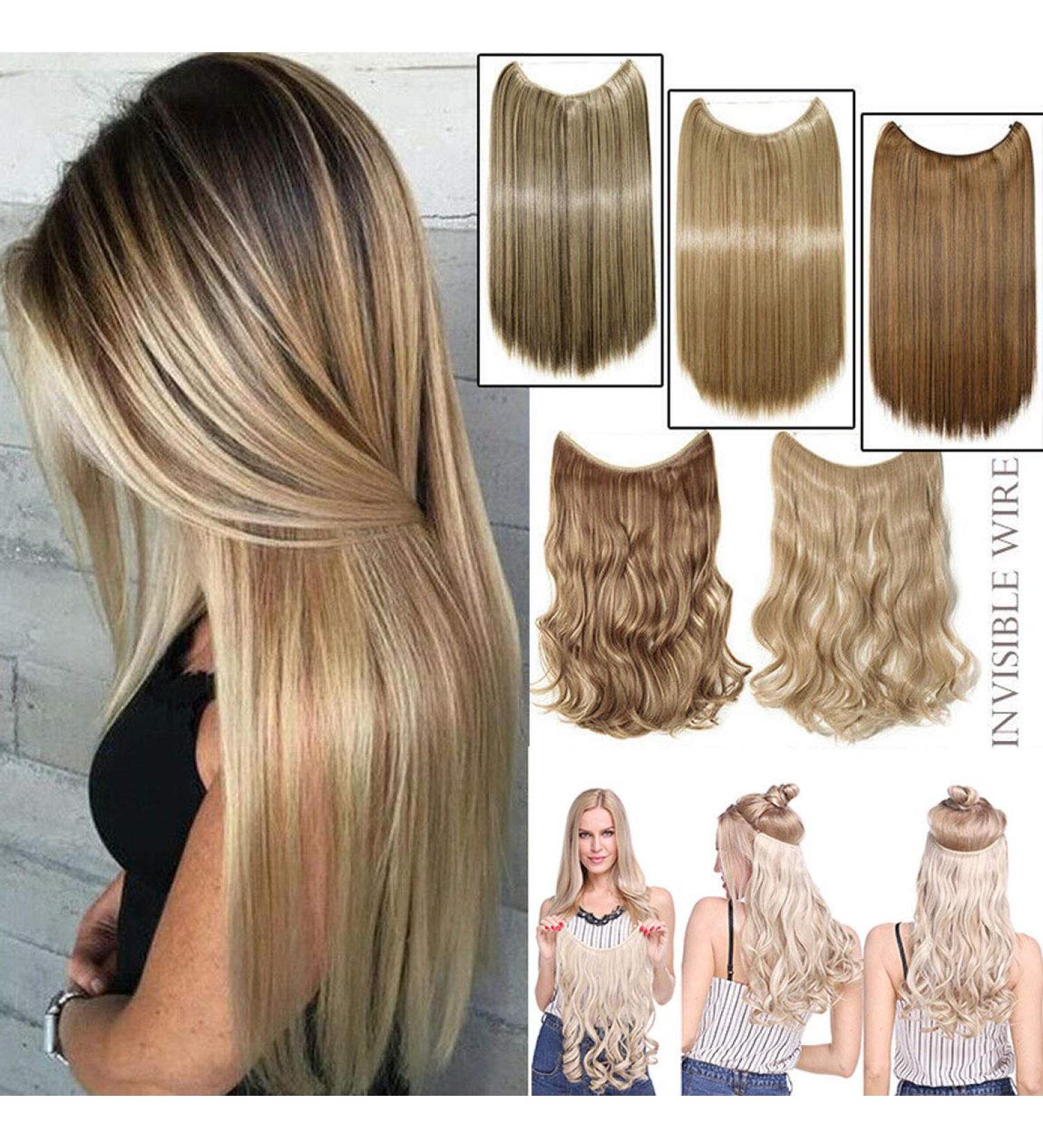 Hair Extensions no Clip Invisible Wire Adjustable Secret Rubber Band Hairpiece Real Natural Synthetic Fibre Hair 20 inch Curly Wavy Ash blonde mix bleach blonde - Buy Online on GoSupps.com