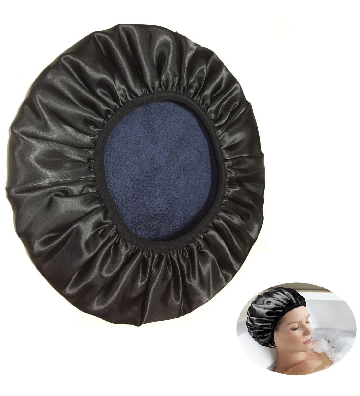 Black G.traveller Large Triple Layer Terry Cloth Shower Cap | 100% Waterproof Microfiber Bonnet for Women | Reusable & Silky Satin Lining - Buy Online on GoSupps.com