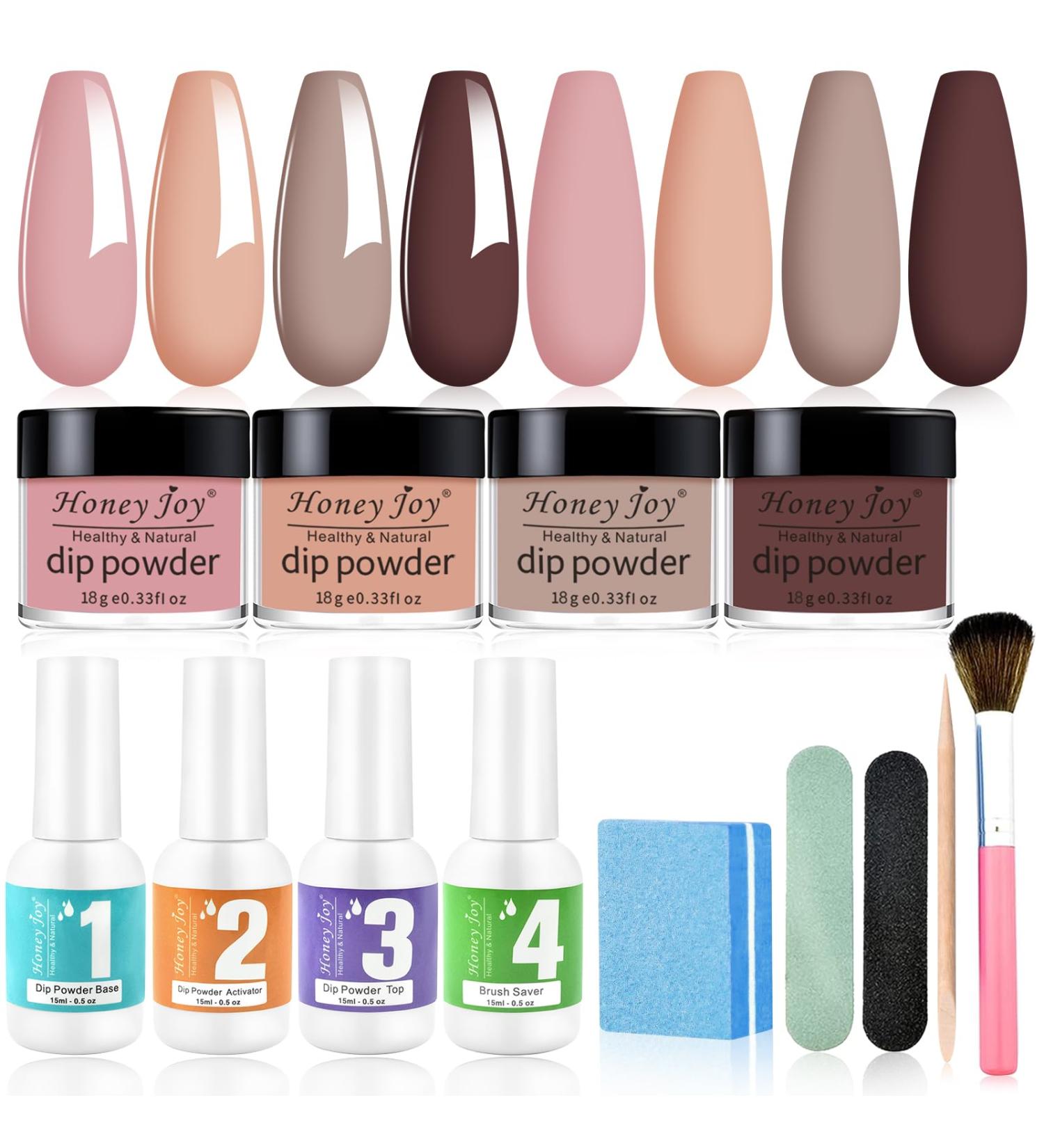 Dip Powder Nail Kit - 4 Colors Nude Pink Brown Starter Set | Acrylic Dipping System with 4 Powder & 4 Liquid 15ml Bottles - Buy Online on GoSupps.com