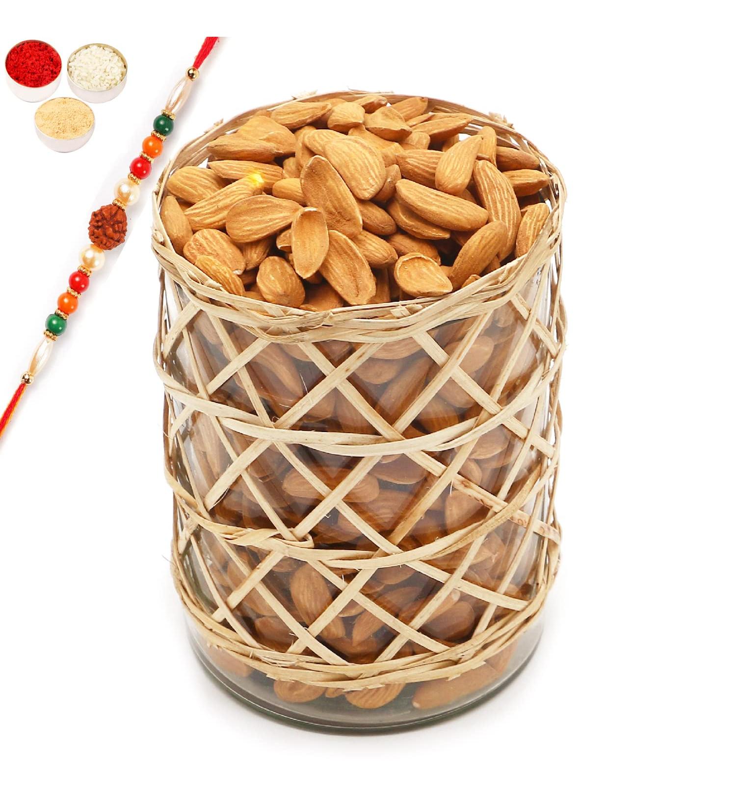 Ghasitaram Gifts Rakhi Gifts for Brothers Cane Glass Jar with Mamra/Mamro Almonds with Rudraksh Rakhi - Buy Online on GoSupps.com