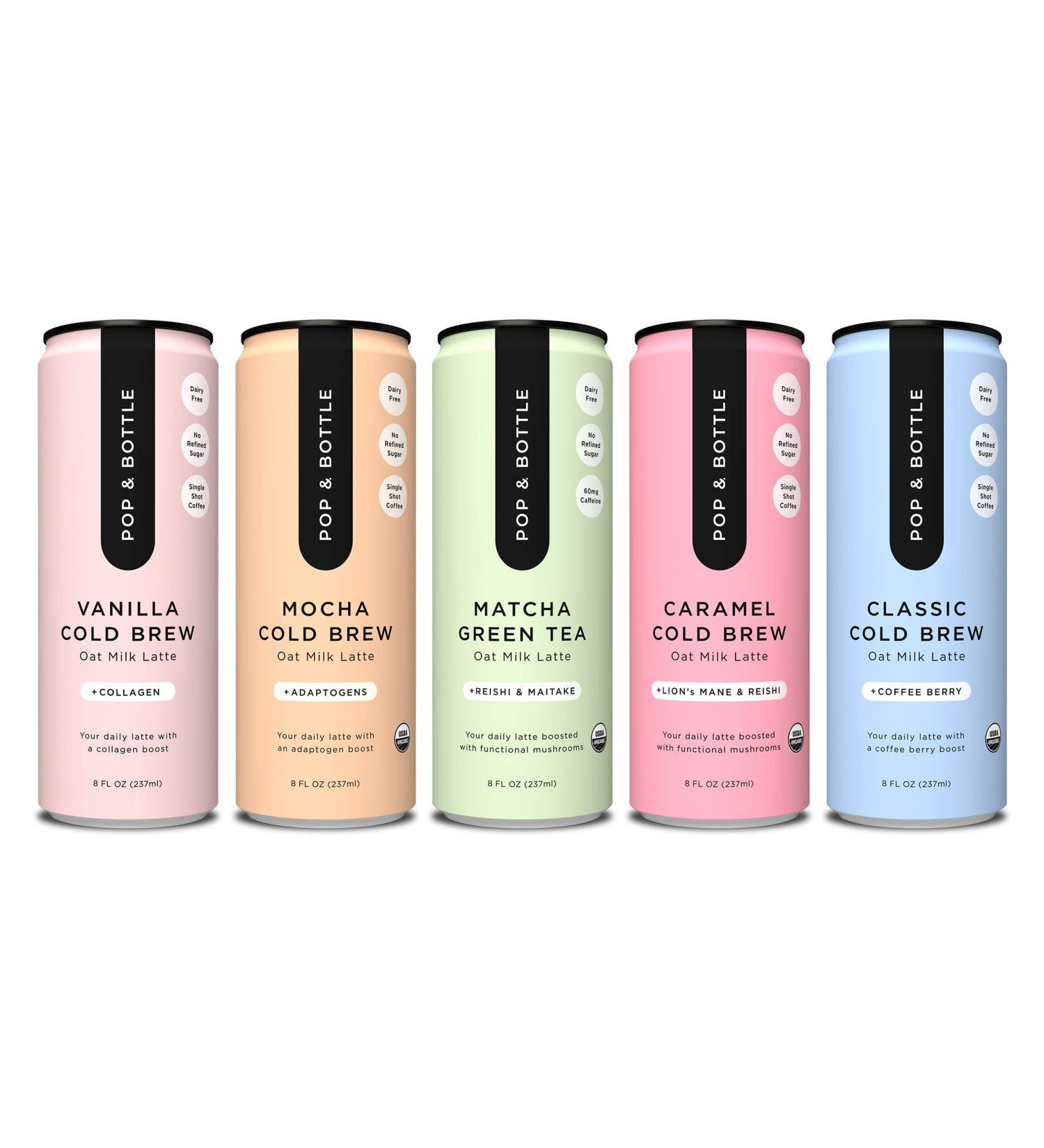 Pop & Bottle Oat Milk Lattes with Maca, Antioxidants, Ashwagandha, MCT Oil, Collagen, and Mushrooms - Organic, Dairy & Gluten Free, 8 Fl Oz (5 Pack) - Buy Online on GoSupps.com