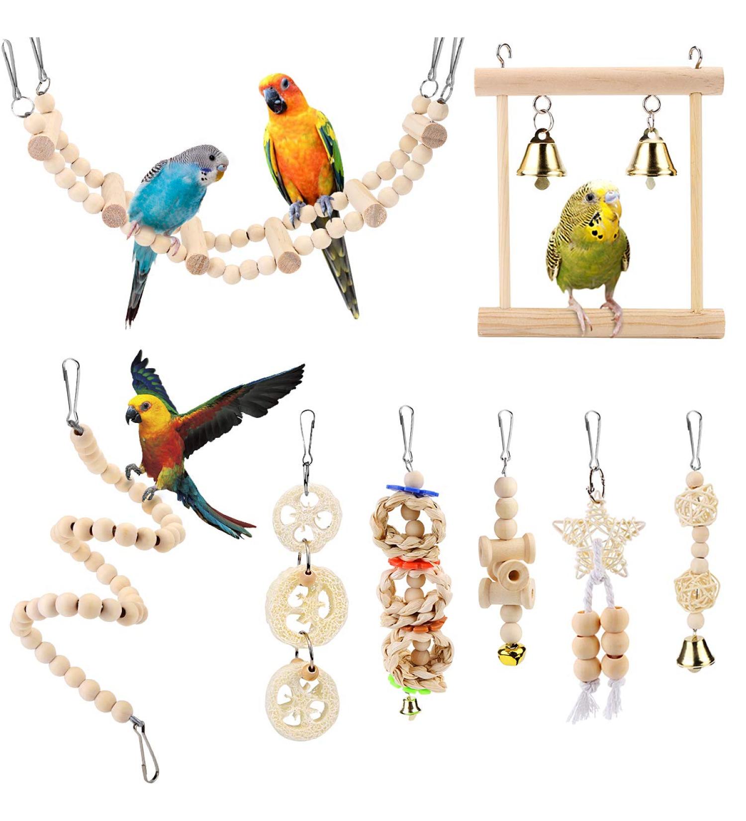 Vegena Bird Toys Set of 8 - Colorful Wooden Ladder Toys & Landing Pads for Budgies Parrots Finches & More - Premium Cage Accessories - Buy Online on GoSupps.com