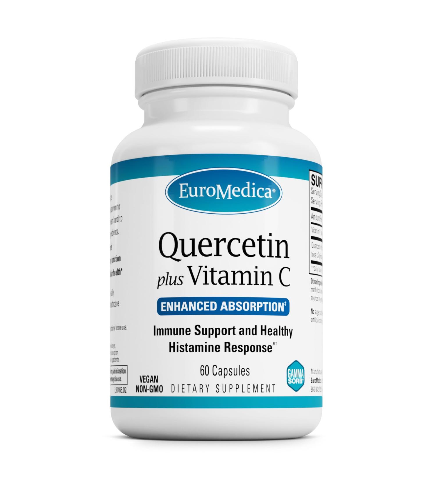 EuroMedica Quercetin Plus Vitamin C - Supports Healthy Histamine Response & Respiratory Health - Dietary Supplement for Immune Function Support & Cellular Health - 60 Capsules (60 Servings) - Buy Online on GoSupps.com