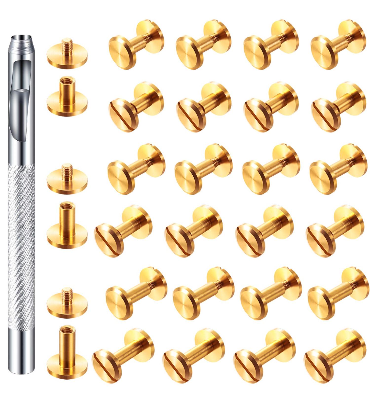 60 Pairs 3 Sizes Brass Chicago Screws with Hole Punch Tool - DIY Leather Rivets & Fasteners in Gold - Buy Online on GoSupps.com