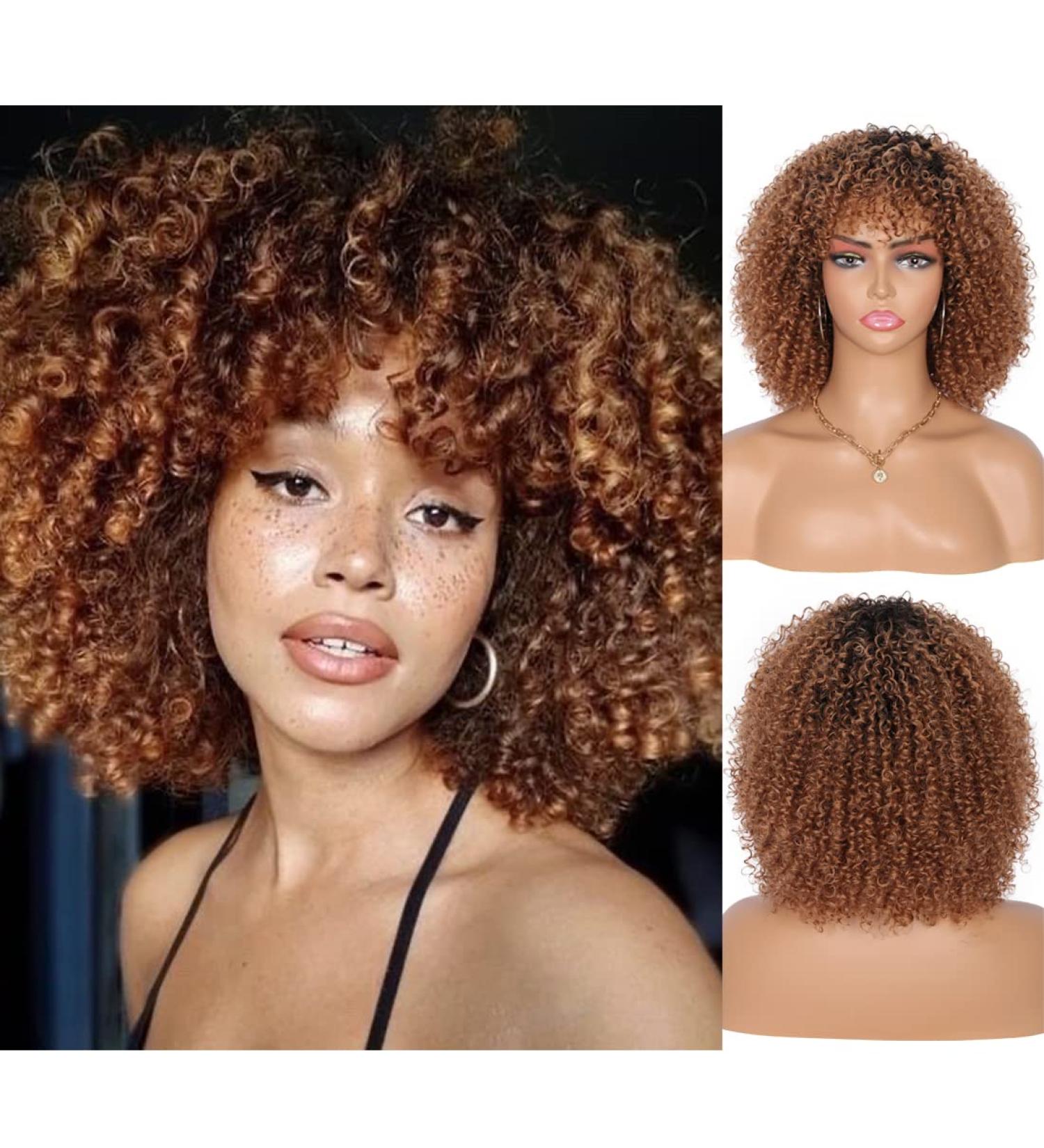 Kalyss Ombre Brown Short Afro Kinky Curly Wig for Black Women - Premium Synthetic with Bangs - Buy Online on GoSupps.com