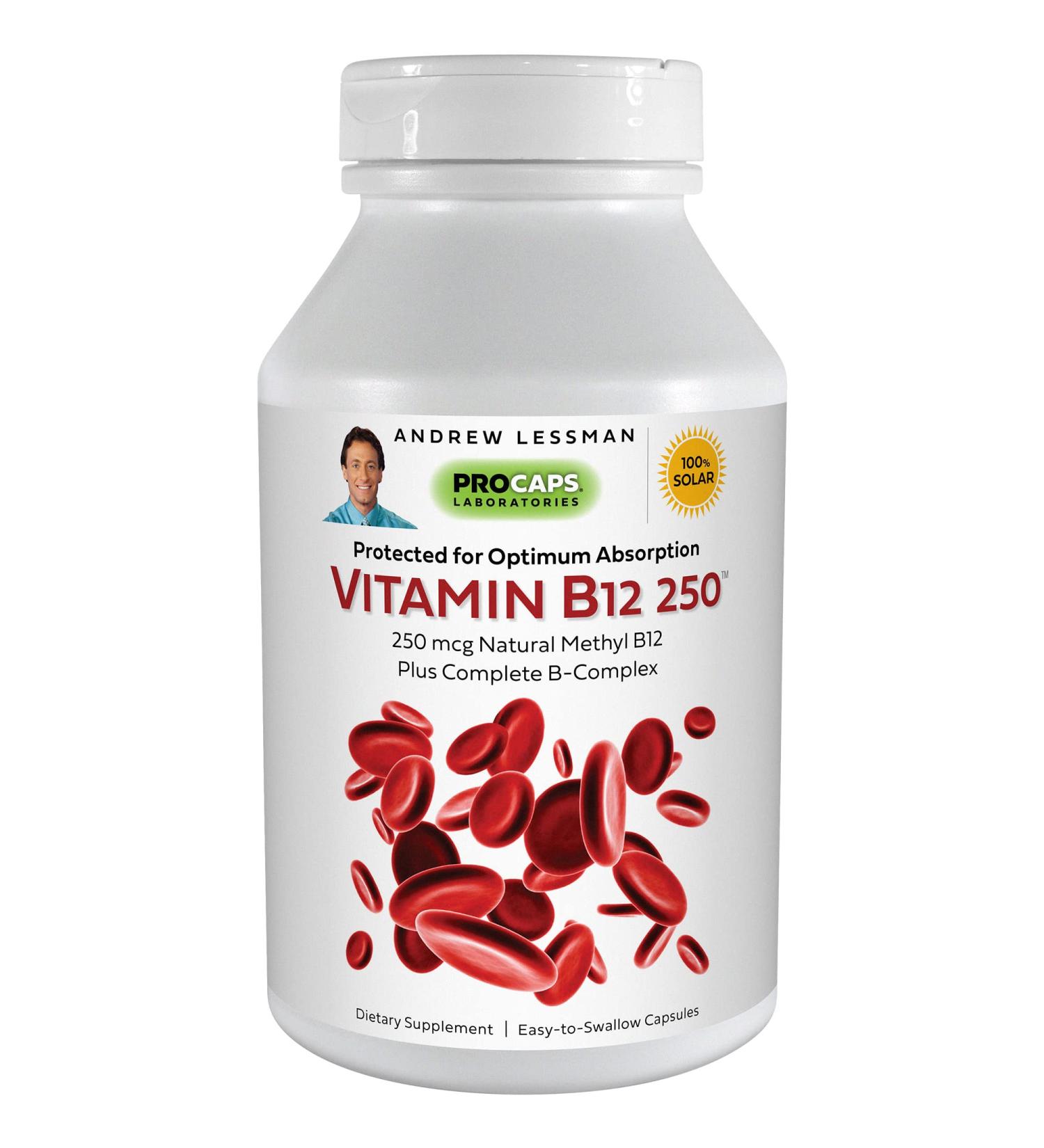 ANDREW LESSMAN Vitamin B12 250 - 180 Capsules Absorption-Protected Methylcobalamin - Energy & Stress Support with B-Complex - Easy to Swallow - 180 Count - Buy Online on GoSupps.com