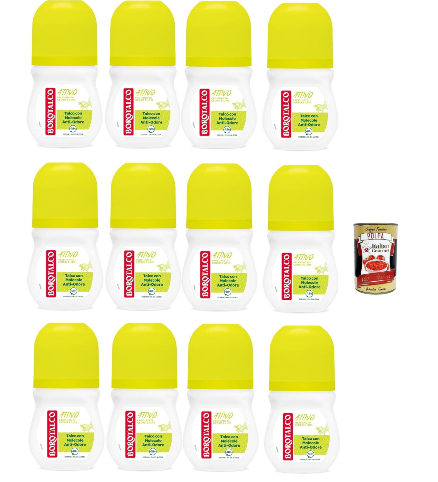  Italian Gourmet E.R. Borotalco Active Roll-On Deodorant Yellow Talcum Powder with Odour Molecules Fresh Effectiveness 48H Effect Alcohol-free Cedar Lime Scent 12 x 50 ml + Italian Gourmet Polpa 400 g - Buy Online on GoSupps.com