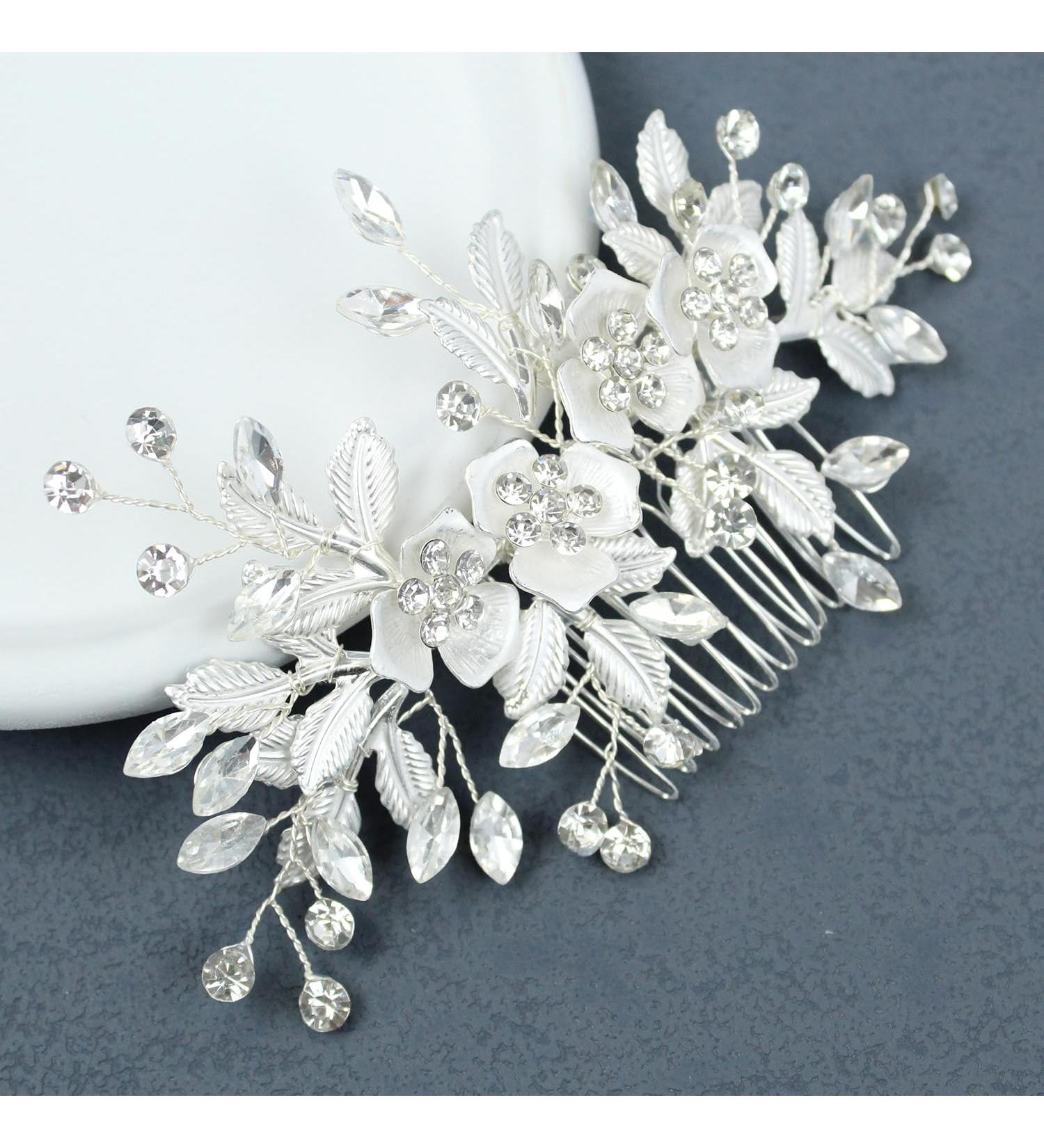 PTORIZNY Wedding Rhinestone Hair Comb Crystal Bride Hair Combs Flower Side Hair Combs Leaf Headpiece Bridal Hair Accessories for Women and Girls (Silver) - Buy Online on GoSupps.com