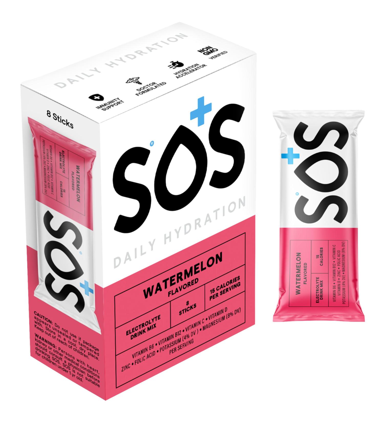 SOS Hydration Electrolyte Powder - Watermelon | Daily Energy & Hydration Drink Mix | Low Sugar Essential Vitamins | 8 Servings - Buy Online on GoSupps.com
