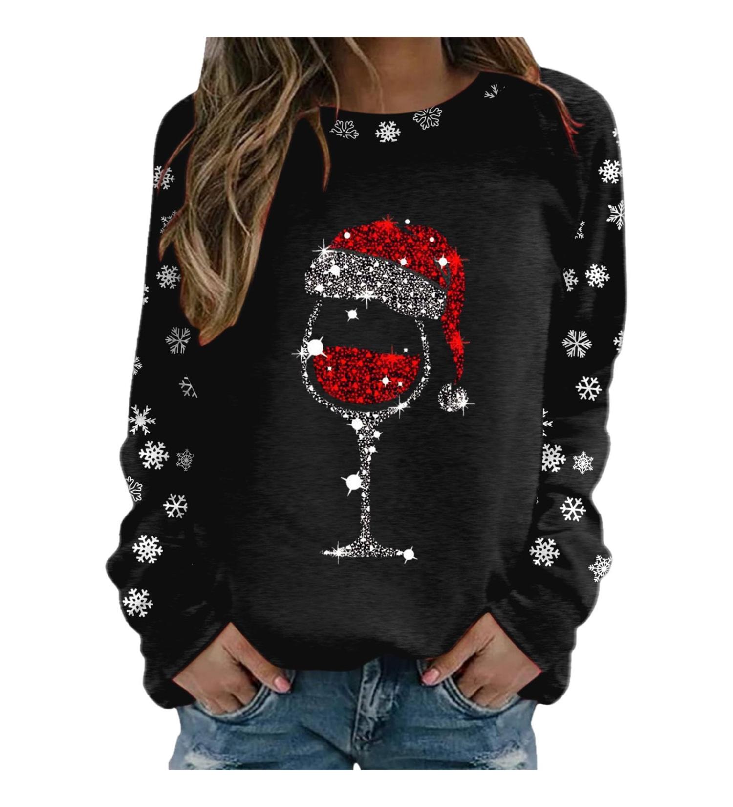 Women's Christmas Snowman & Penguin Print Sweatshirt | Black XL | Comfy O-Neck Raglan Pullover - Buy Online on GoSupps.com