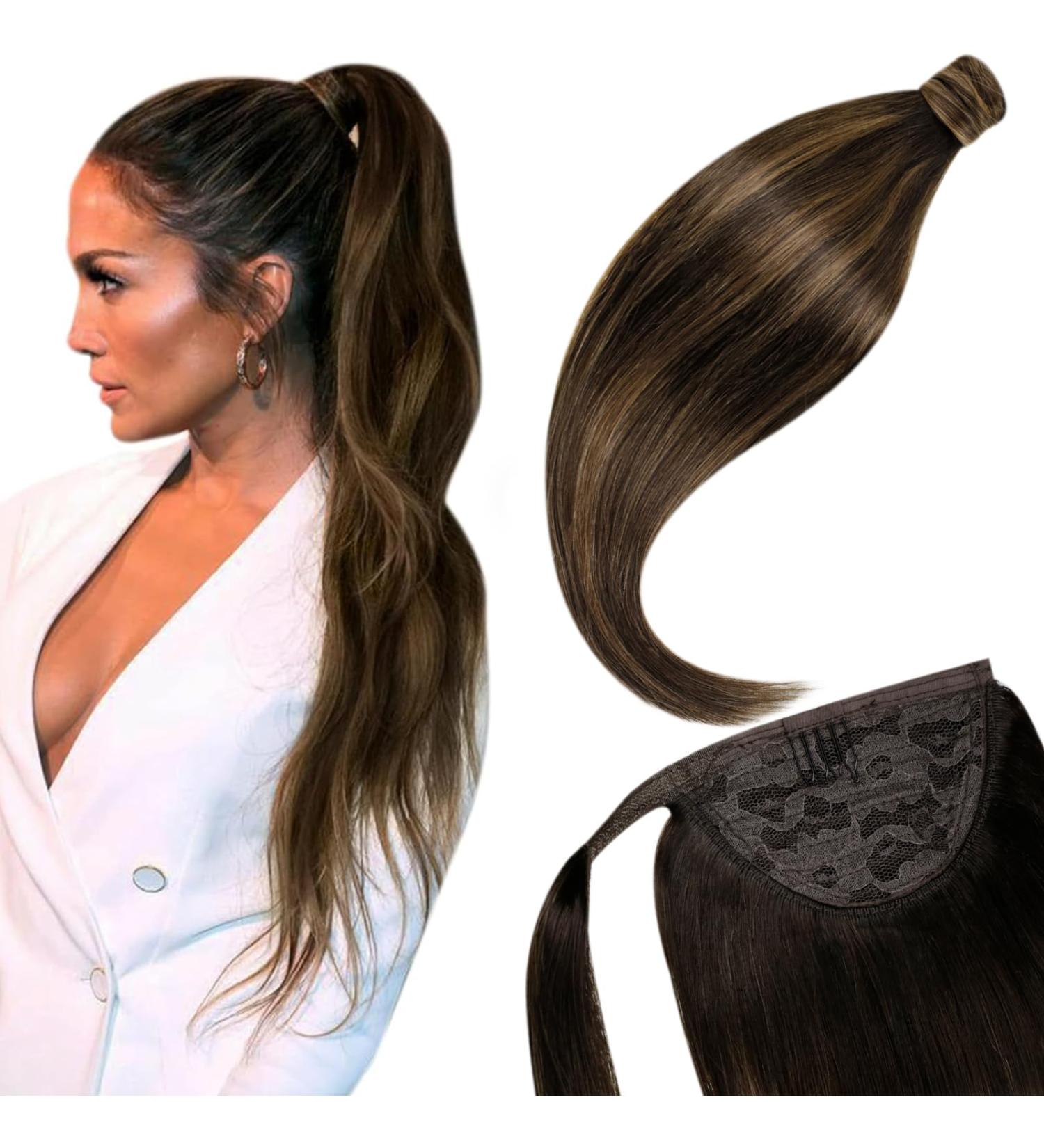 Buy Laavoo Brown Remy Ponytail Extensions - 35cm Dark Brown Balayage Real Hair Braid Extensions (70g) - Premium Quality - Buy Online on GoSupps.com