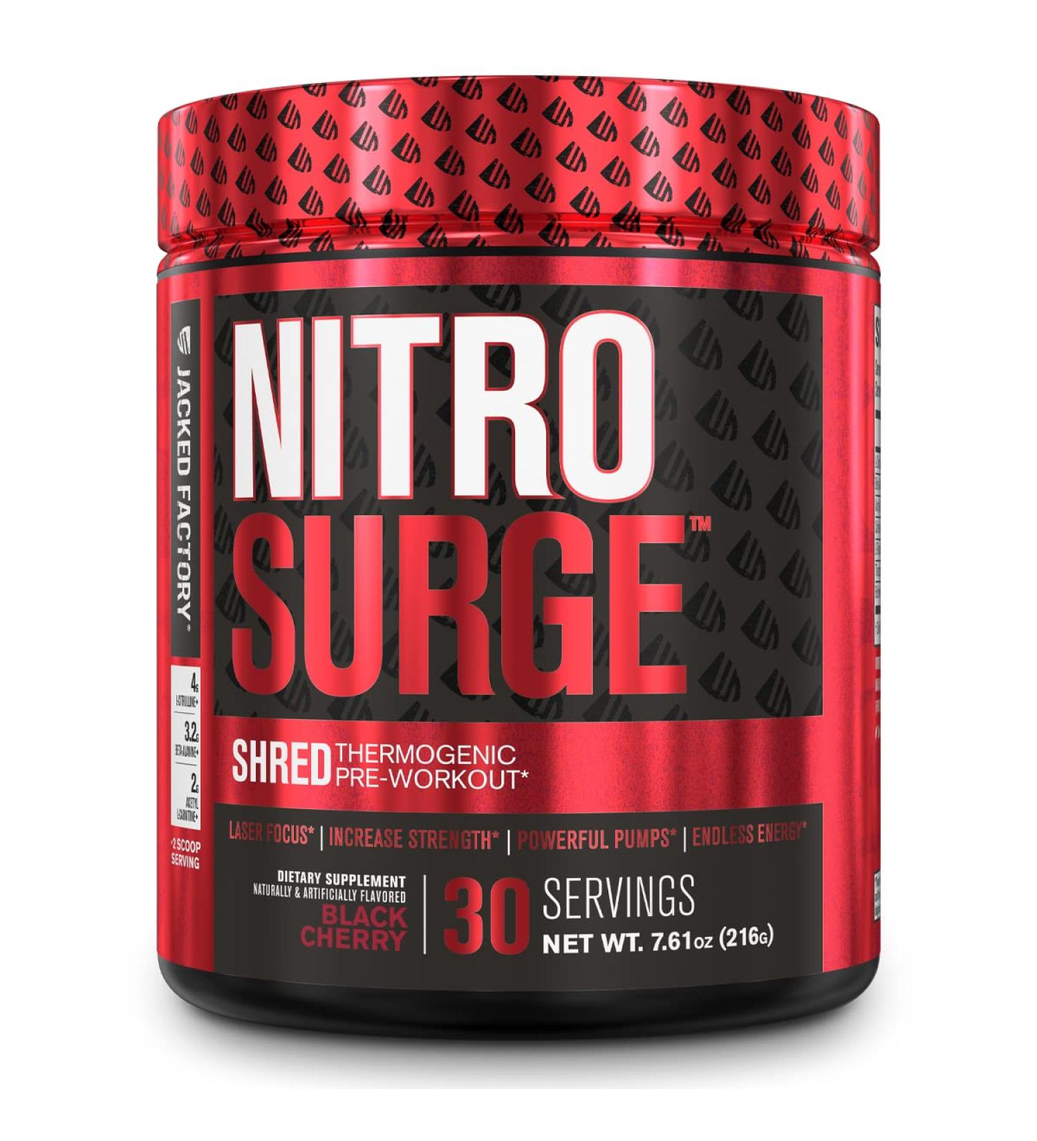 NITROSURGE Shred Pre Workout Supplement - Energy Booster for Instant Strength Gains, Sharp Focus & Powerful Pumps - 30 Servings, Black Cherry Flavor - Buy Online on GoSupps.com
