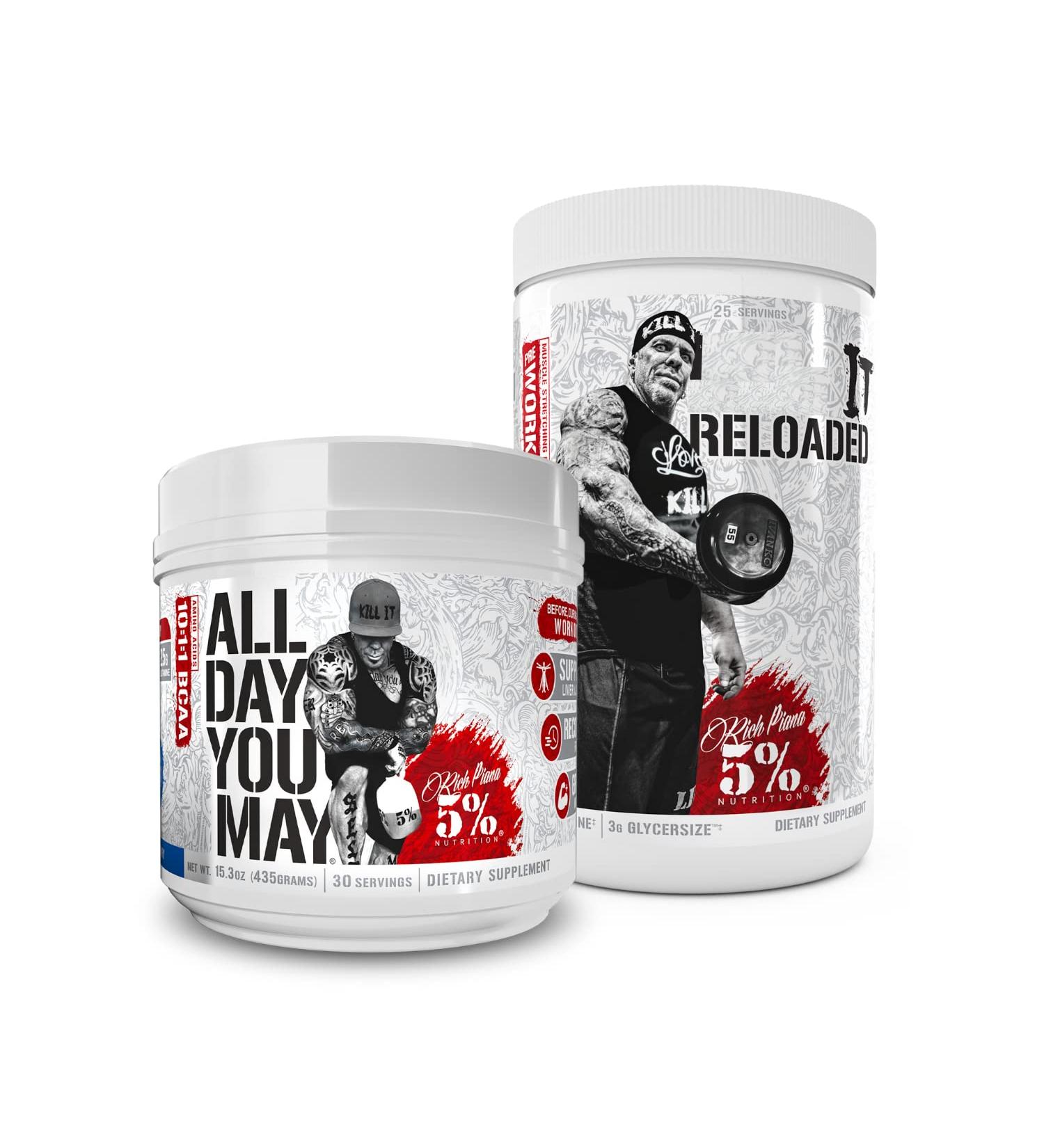 5% Nutrition Rich Piana Bundle | AllDayYouMay BCAA Powder + Kill It Reloaded High-Stim Pre-Workout (Blue Raspberry) - Buy Online on GoSupps.com
