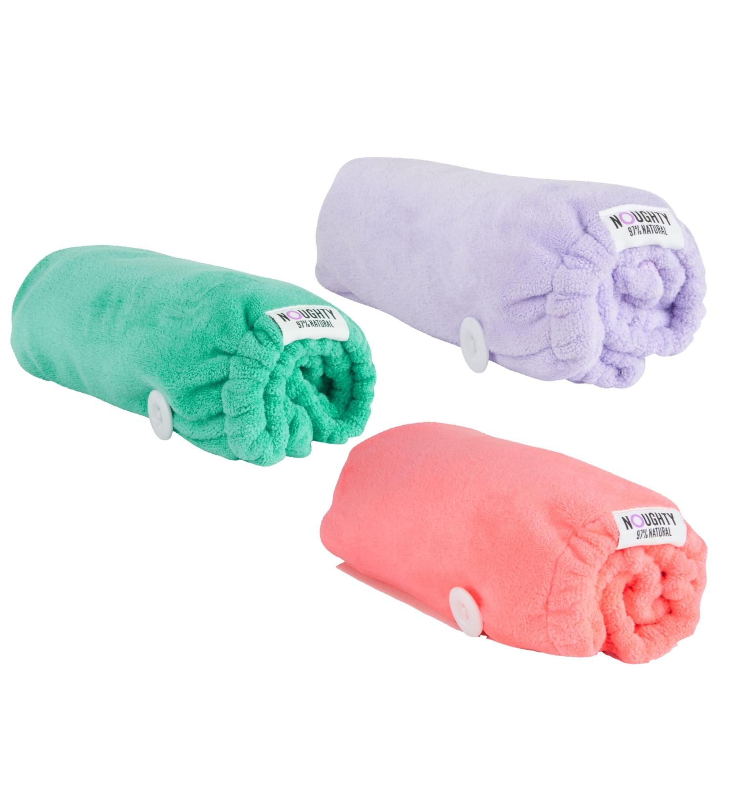 NOUGHTY 97% Natural Microfibre Hair Towels - Quick Absorbing Frizz Control Reduces Breakage - 3 Pack in Purple Pink & Green - Buy Online on GoSupps.com