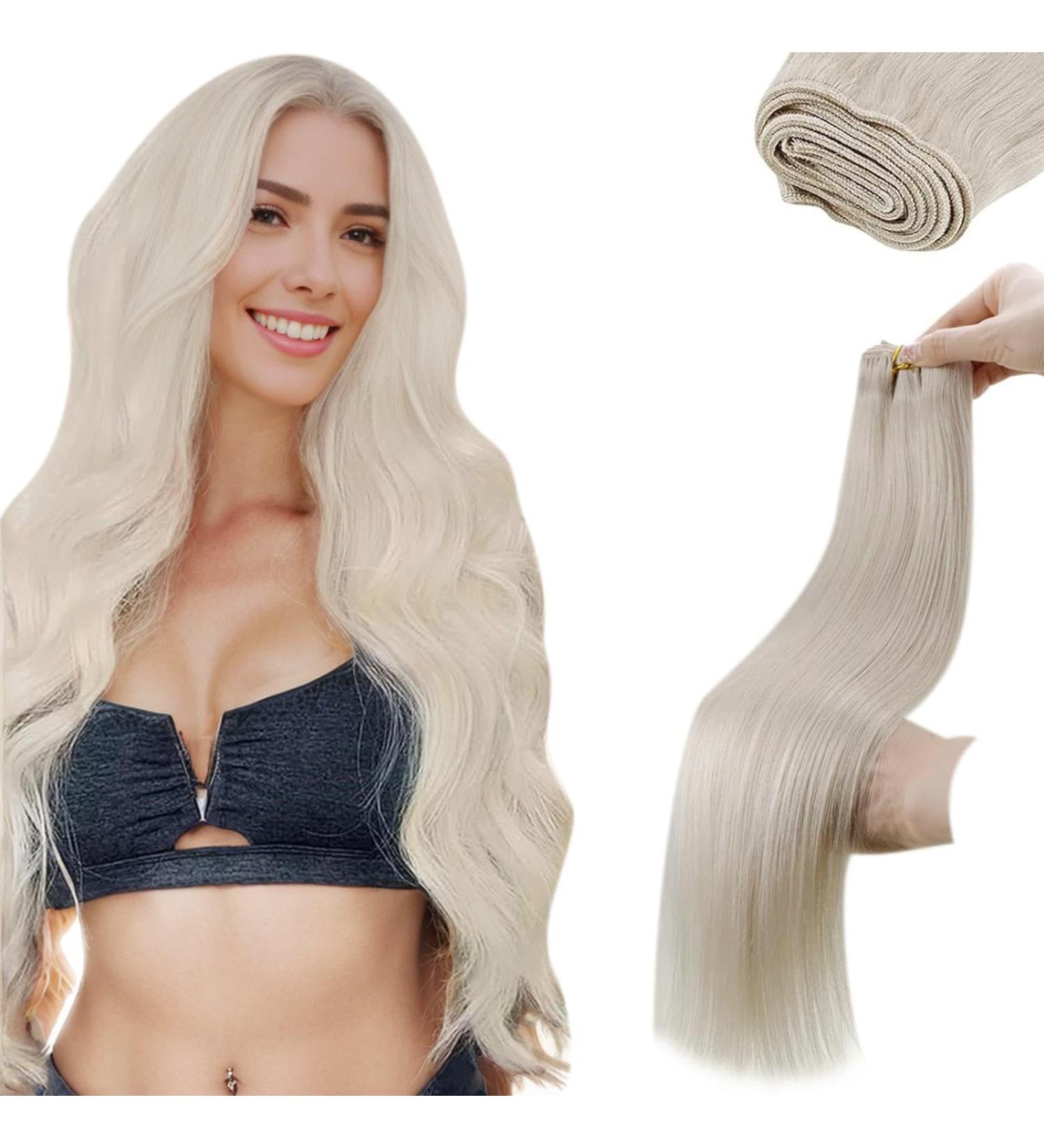 LAAVOO Real Hair Extensions - 100g Remy Weft Hair Tresses in Platinum Blonde #60 - 40cm Length - Buy Online on GoSupps.com