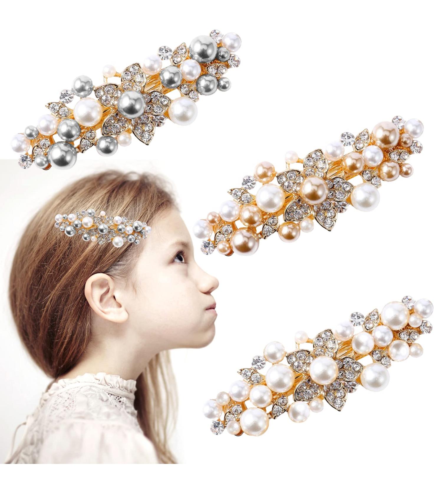 French Flower Crystal Bridal Hair Barrettes - 3PCS Metal Retro Clips - Buy Online on GoSupps.com