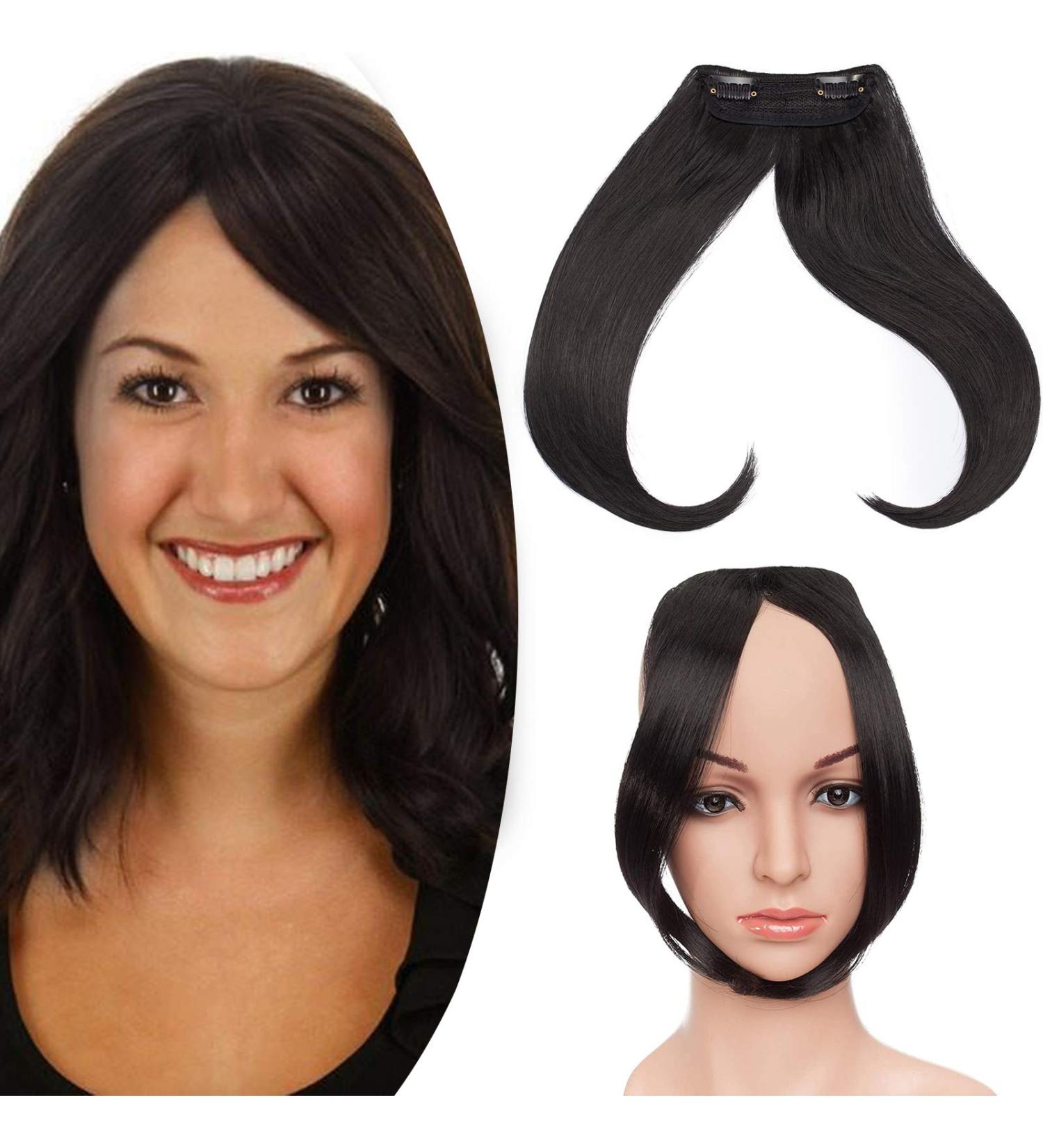 Side Clip In On Bangs Fringe Hair Extension One Piece Synthetic Slanted Fringe Hairpiece Hair Accessories For Womens Dark Black Dark Black Slanted Bangs - Buy Online on GoSupps.com