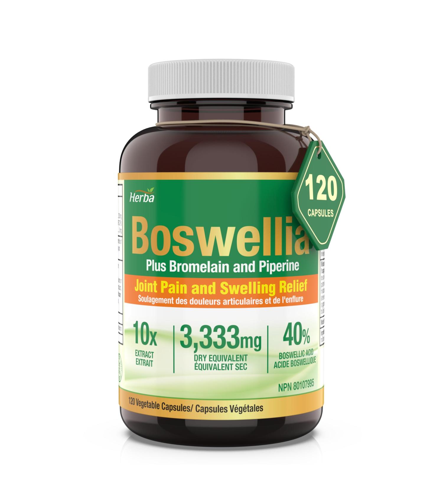 Herba Boswellia Serrata Capsules with Bromelain Supplement 120 Boswellia Capsules | 3 330mg 10:1 Boswellia Extract with Black Pepper - Extra Strength | Relieves Joint Pain and Swelling | Made in Canada - Buy Online on GoSupps.com