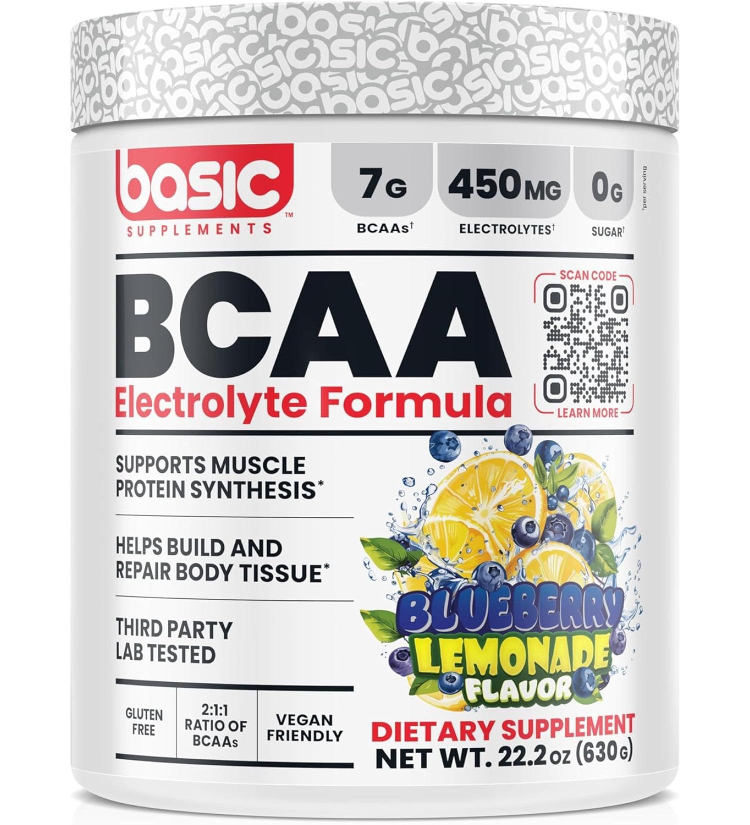 BASIC SUPPLEMENTS BCAA Powder Instantized Formula with 7g BCAAs 2:1:1 Ratio 450mg of Electrolytes Sugar-Free Vegan Gluten-Free Supports Muscle Recovery - Buy Online on GoSupps.com