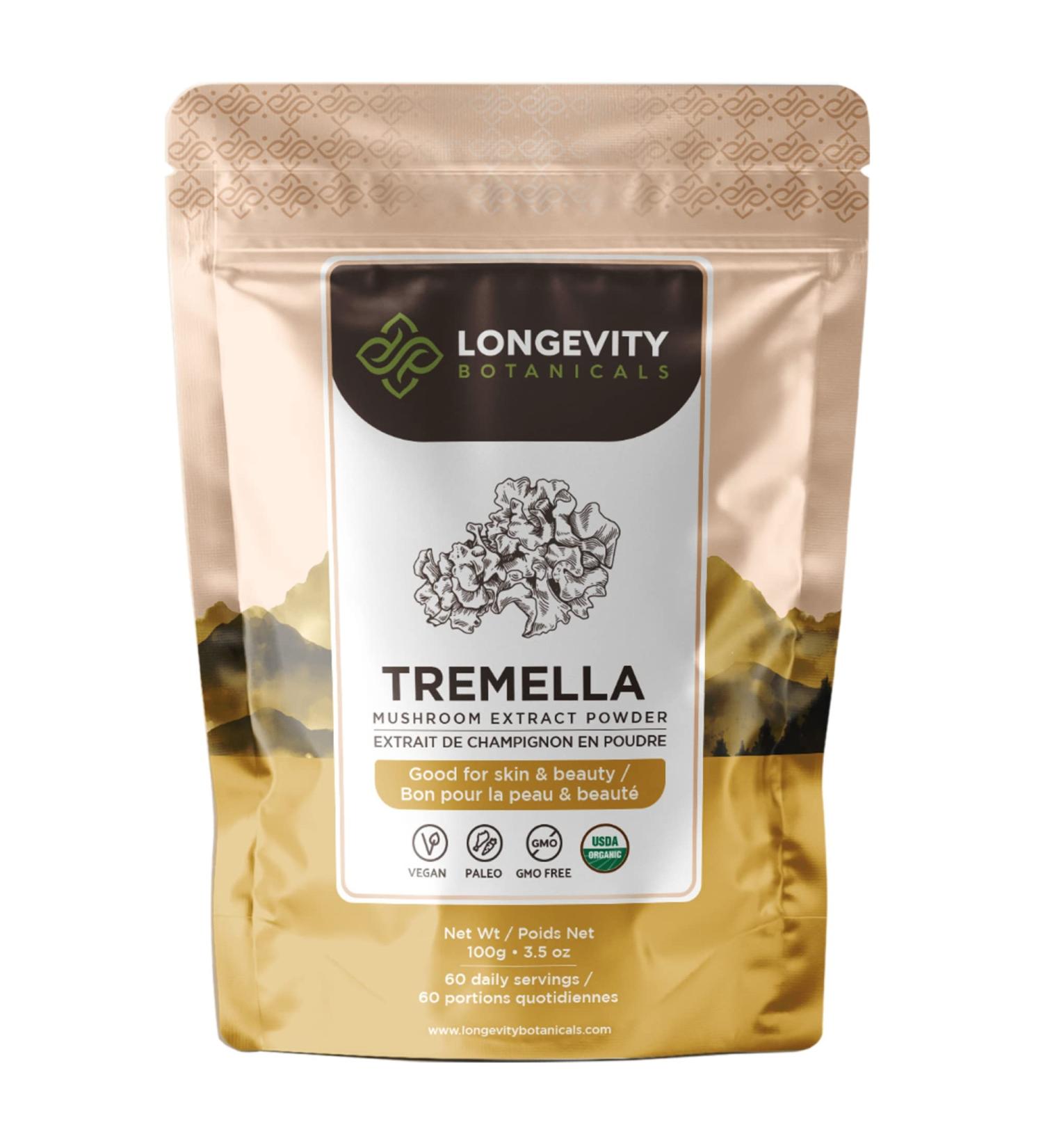 Longevity Botanicals Organic Tremella Mushroom Powder - 100% Fruiting Body - Promotes Healthy Skin & Memory - 100g - Buy Online on GoSupps.com