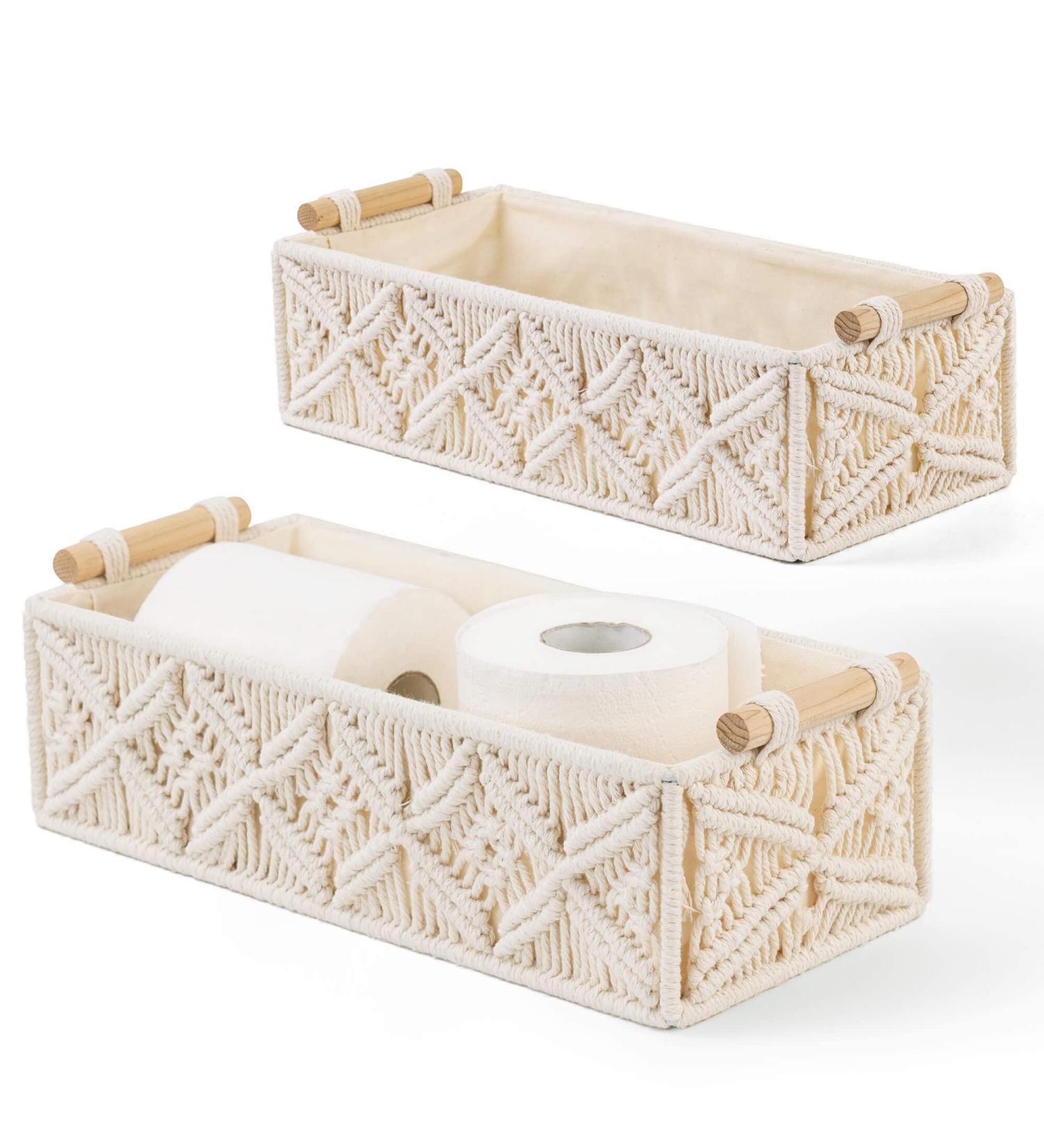 TIMEYARD Macrame Storage Baskets Set of 2 - Small Decorative Shelf Baskets for Bedroom, Bathroom & Living Room - Boho Decor Box for Small Items in Beige - Buy Online on GoSupps.com