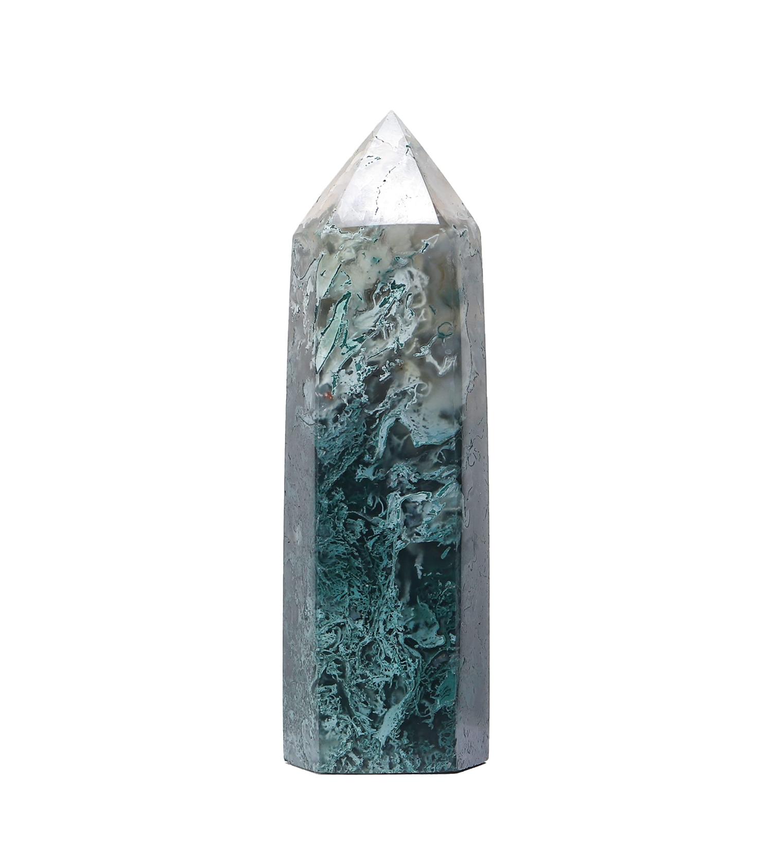 Runyangshi Natural Aquatic Agate Healing Crystal Wand - Moss Agate Point Tower | Green Water Plant Agate Home Decor | Chakra Stones Prism | 3.3 - 3.5 inch - Buy Online on GoSupps.com