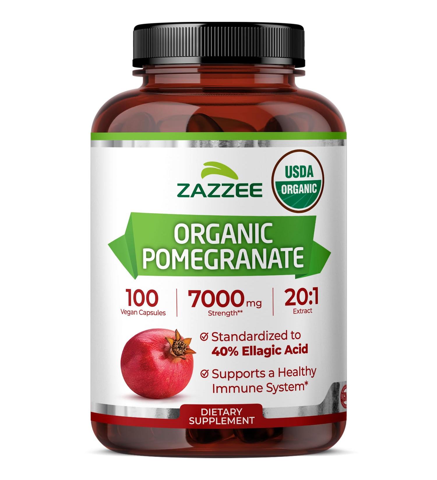 Zazzee USDA Organic Pomegranate 20:1 Extract 7000 mg Strength 40% Ellagic Acid 100 Vegan Capsules 3+ Month Supply Standardized 20X Extract Immune Support All-Natural Non-GMO Made in The USA - Buy Online on GoSupps.com