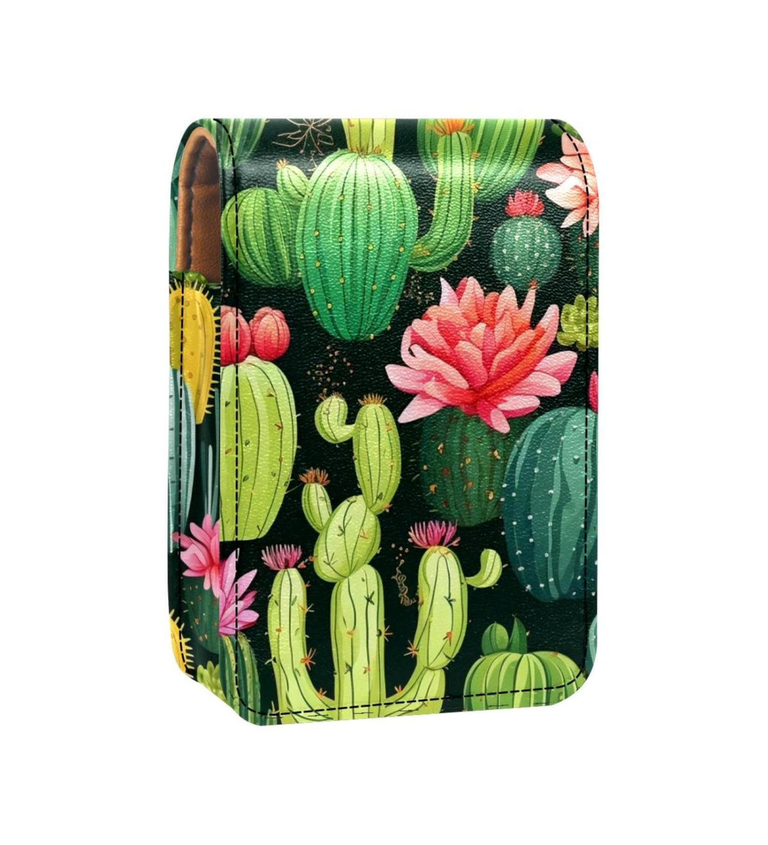 Travel Lipstick Organizer Case - Portable Makeup Bag with Mirror - Cactus Green Cacti Design - Buy Online on GoSupps.com