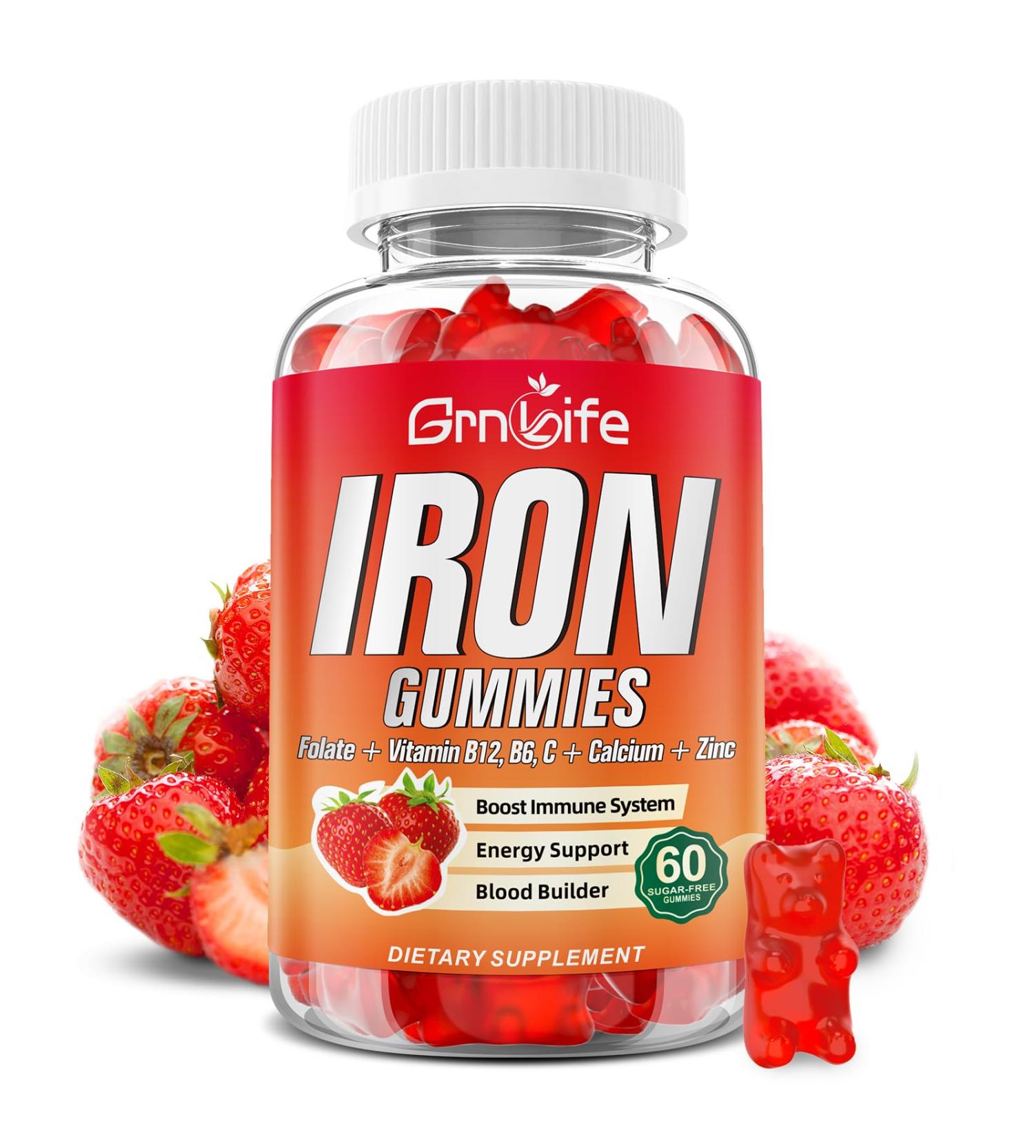 Iron Gummies for Women Men & Kids Sugar Free Iron Supplement with Calcium Zinc Folate & Vitamin B12 C B6 - for Blood Building & Energy Support Anemia Strawberry 60 Count 60 Count (Pack of 1) - Buy Online on GoSupps.com