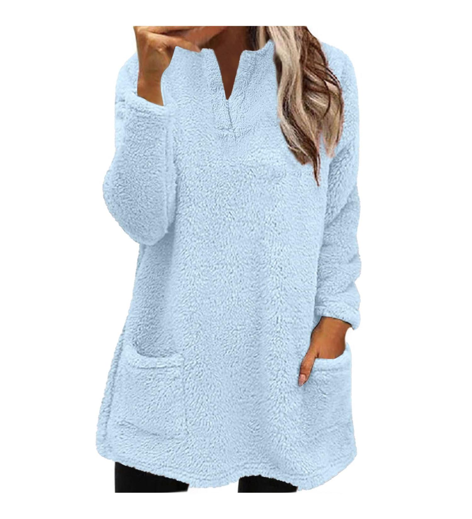 AMhomely Women's Plus Size Teddy Fleece Hooded Jumper - Blue XL | Soft Double Fleece Hoodies with Pocket, V Neck Sweatshirt for Winter Lounge Wear - Buy Online on GoSupps.com