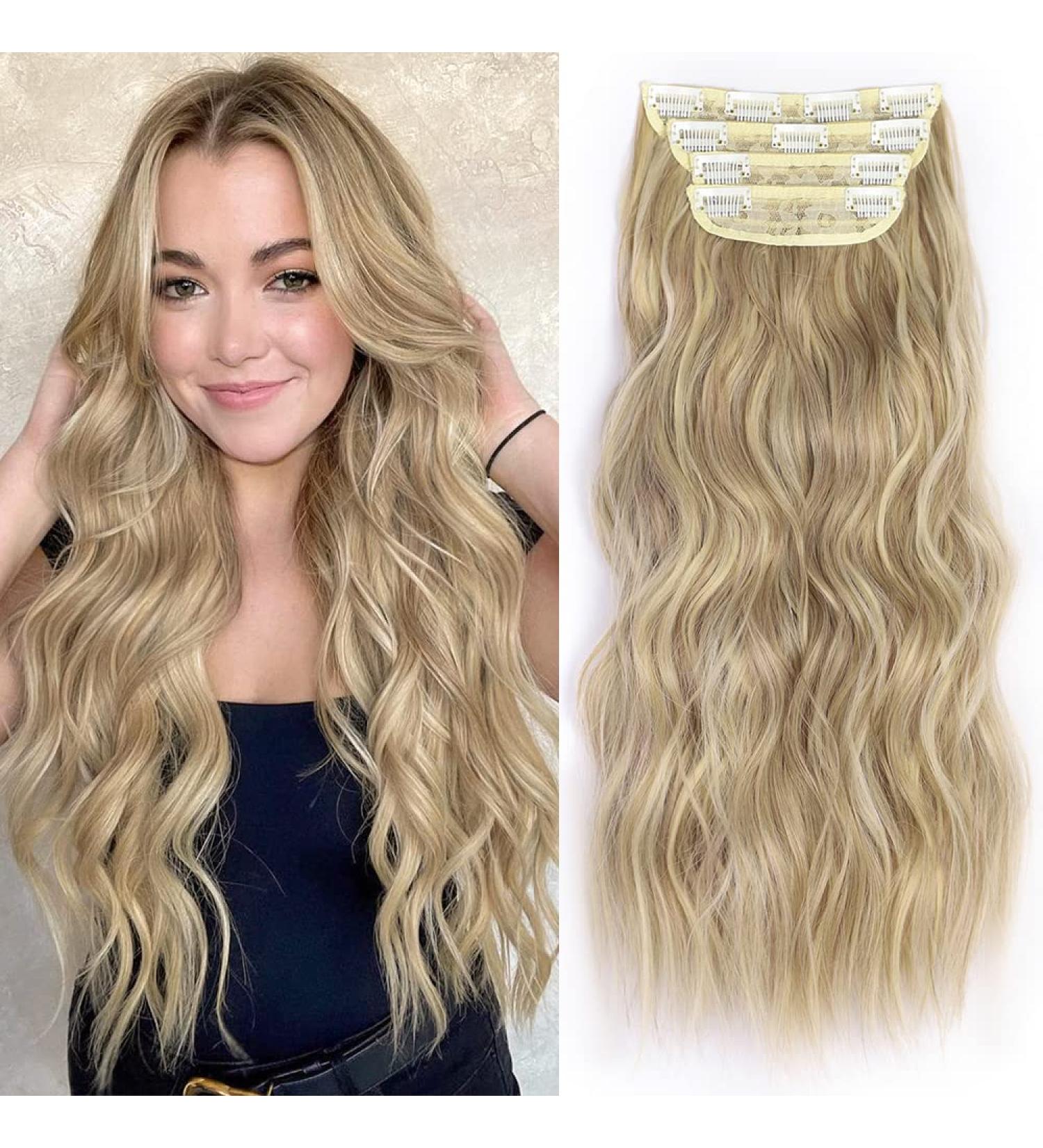 ALXNAN Clip in Long Wavy Synthetic Hair Extension 20 Inch Dirty Blonde - 4PCS Thick Double Weft Hairpieces for Women - Buy Online on GoSupps.com