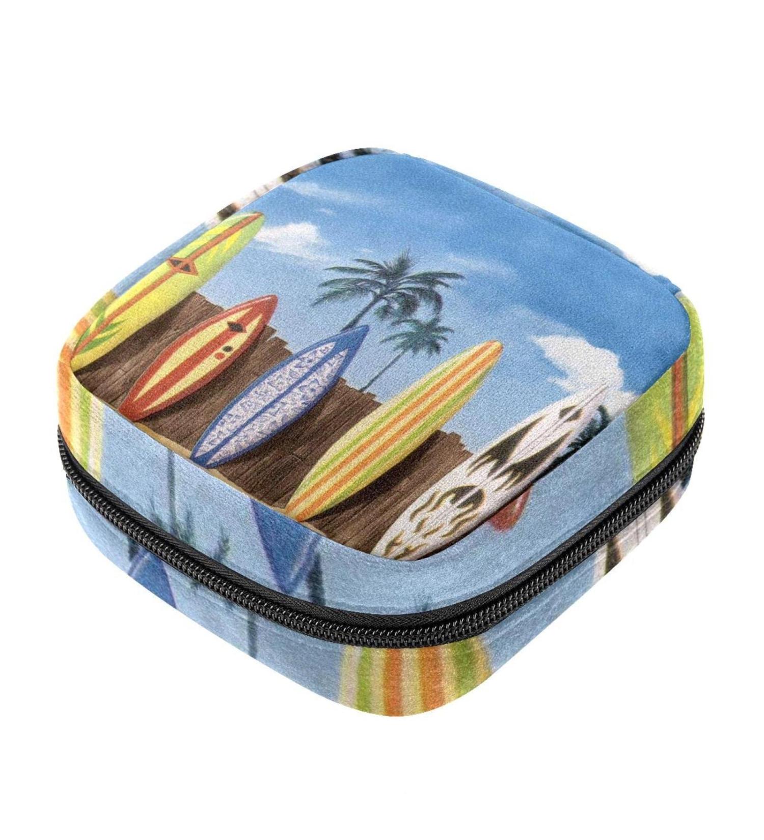 Menstruation Pad Bag with Zipper - Stylish Women's Napkin & Tampon Collection Bag (Beach Surfboard & Palm Trees Design) - Buy Online on GoSupps.com