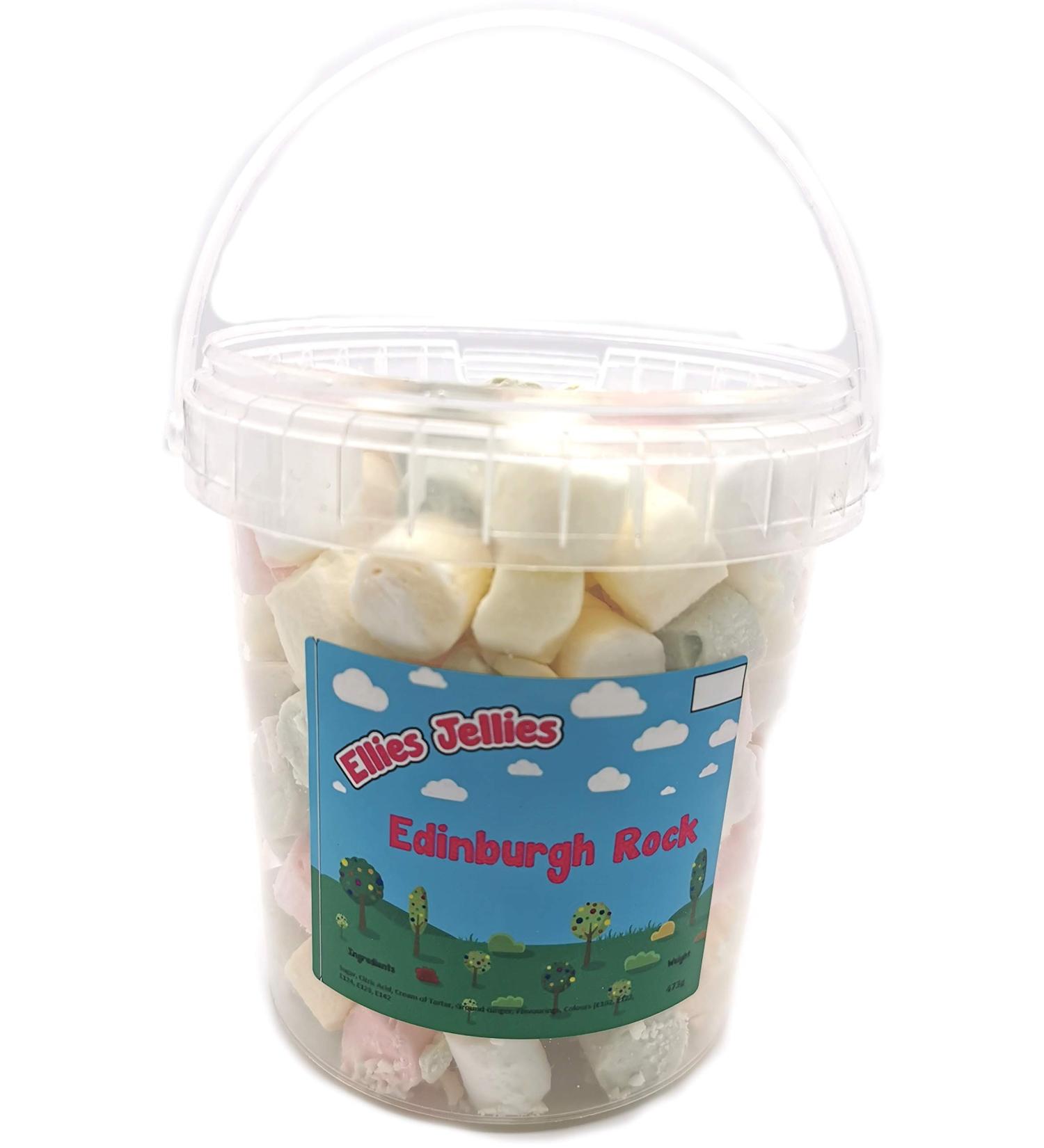 Ellies Jellies Edinburgh Rock 473g Bucket Fruity Flavour Multi-Coloured Crumbly Sweet Chalky Texture