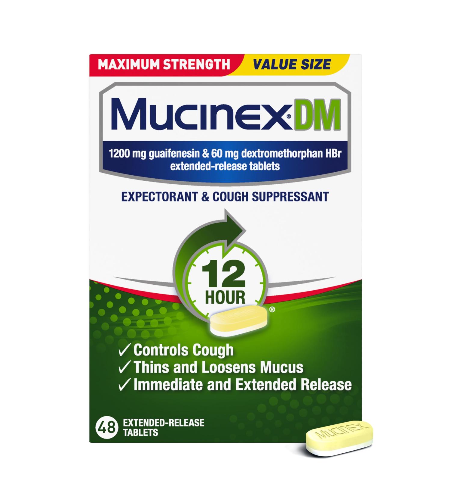 Mucinex DM 12Hr Maximum Strength Chest Congestion & Cough Medicine for Adults Cold and Cough Medicine for Excess Mucus Relief 1200 mg Guaifenesin & 60 mg Dextromethorphan HBr 48 Bi-Layer Tablets - Buy Online on GoSupps.com