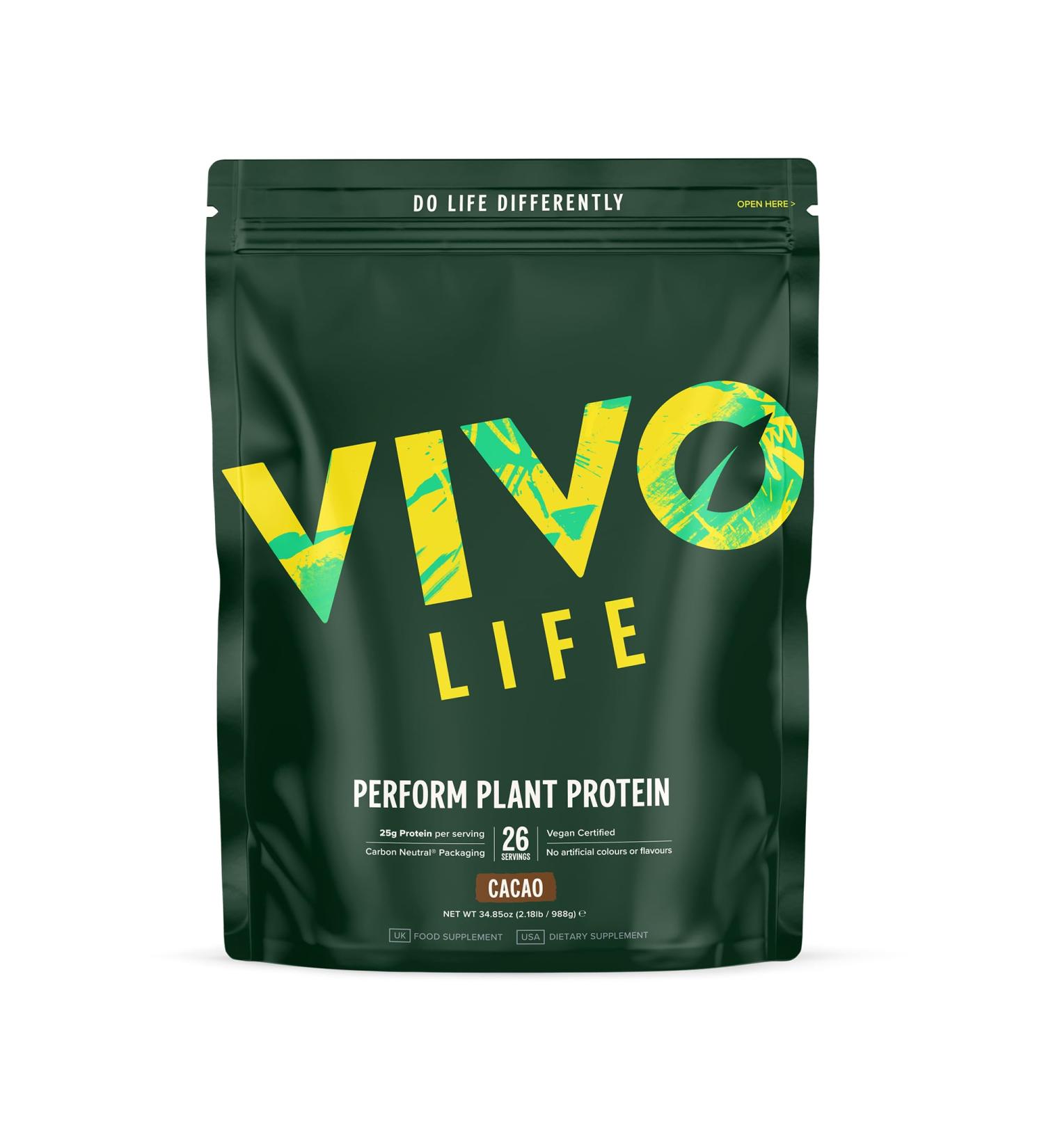 Vivo Life Perform Raw Vegan Protein Powder - Cocoa Flavor | BCAA & Hemp Mix | Vegetable Protein Shake with Himalayan Salt | 988g (1 Pack) - Buy Online on GoSupps.com