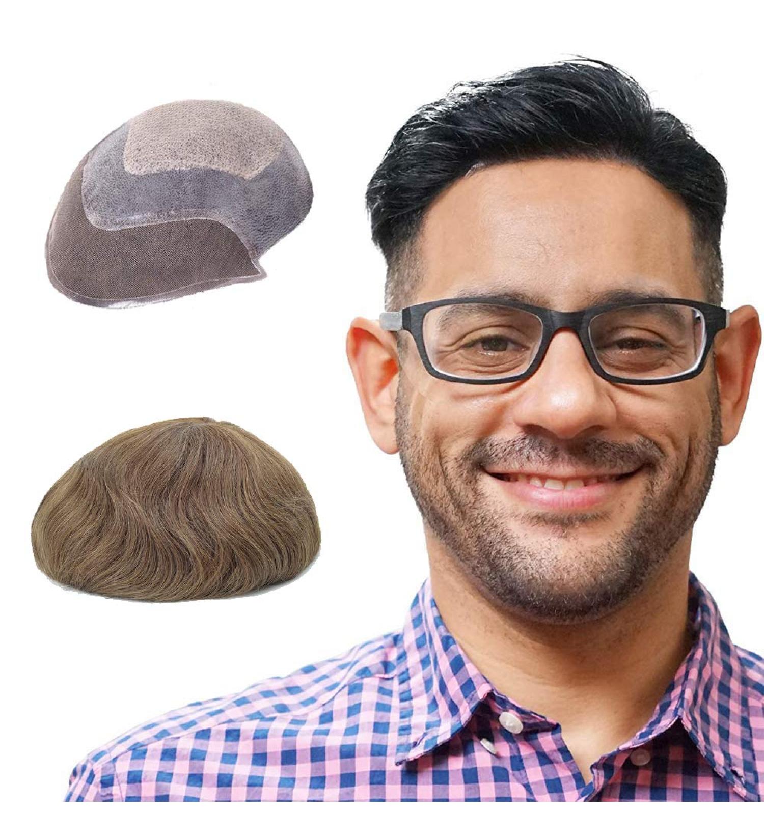 Lordhair Knotless Toupee for Men Skin Flat Injected Lace Front Human Hair System Base Size 8x10 Inch Light Medium Density Front Contour A Shape Mens Hairpiece Light Brown 7#(ASH) - Buy Online on GoSupps.com