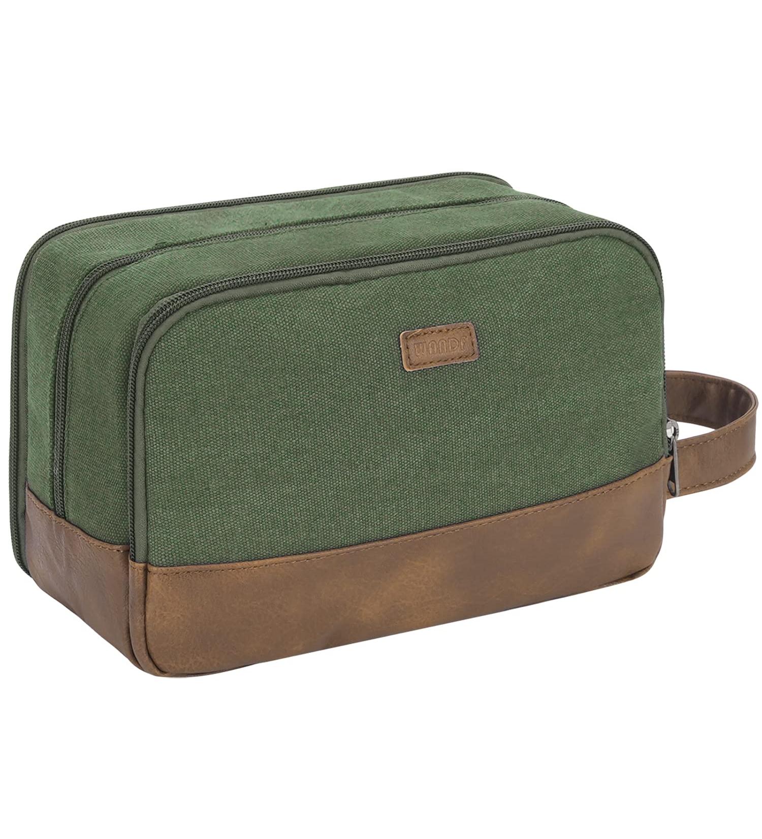 WANDF Travel Toiletry Bag for Men Hanging Dopp Kit Canvas Toiletry Organizer Water-resistant Vegan Leather Shaving Bag with Wet Pocket (Green) - Buy Online on GoSupps.com