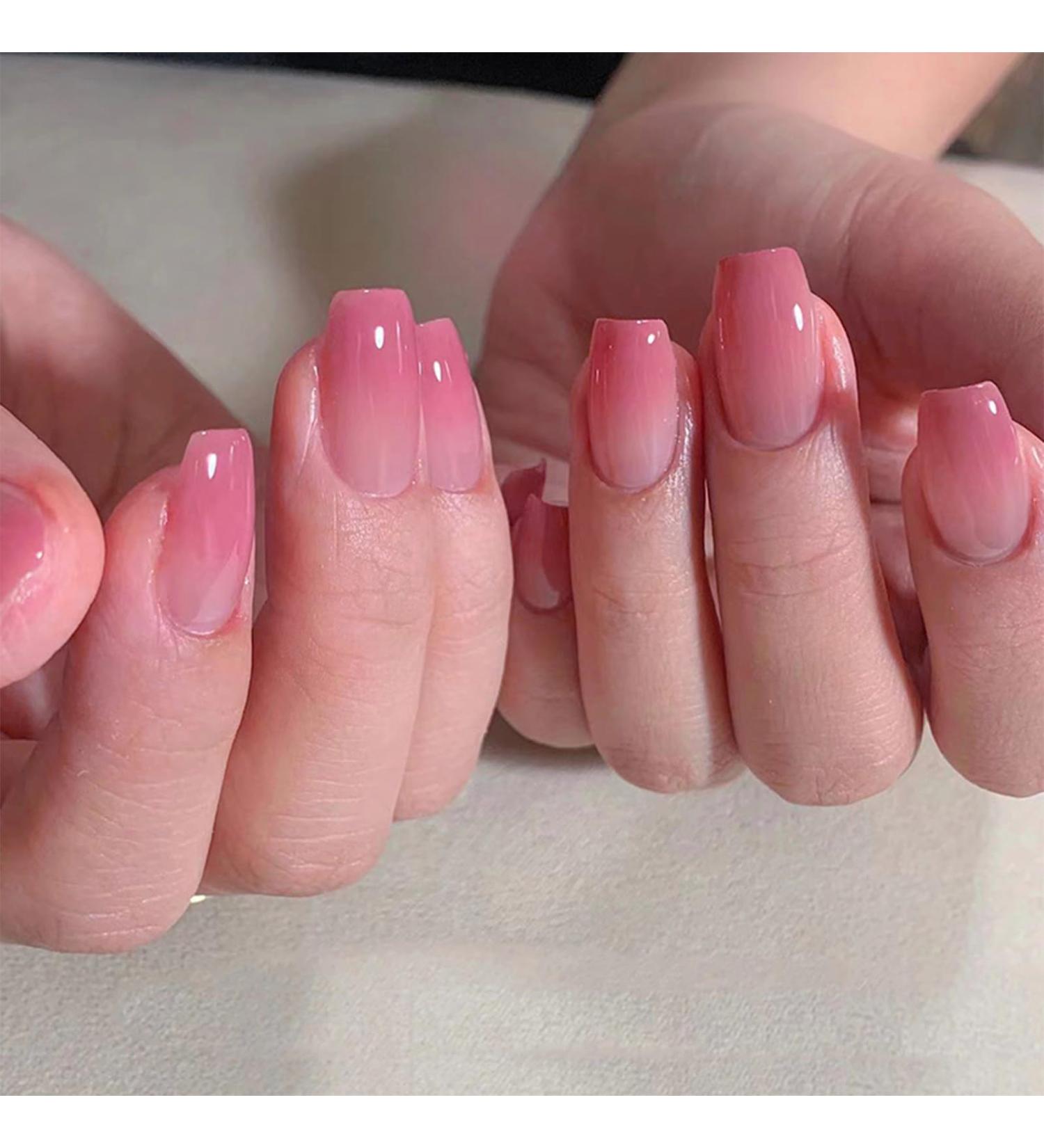 24pcs French False Nails Short - Gradual Change Square Press on Nails - Dark Pink Gradient Design - Full Cover Acrylic False Nails With Glue - French Fake Nails for Women Girls - Buy Online on GoSupps.com