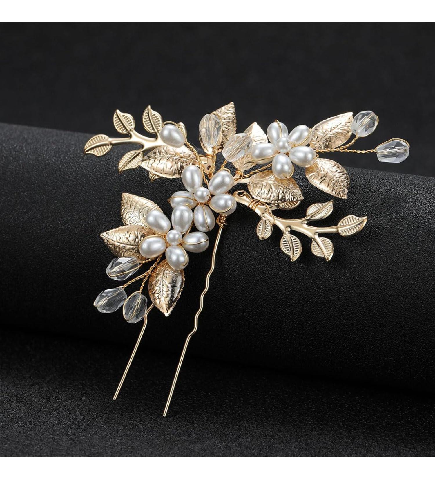 JUSTUSNX Gold/Silver Bride Wedding Headpiece Pearl Hair Pins Accessories Bridal Crystal Flower Hair Pieces for Women and Girls (A) - Buy Online on GoSupps.com