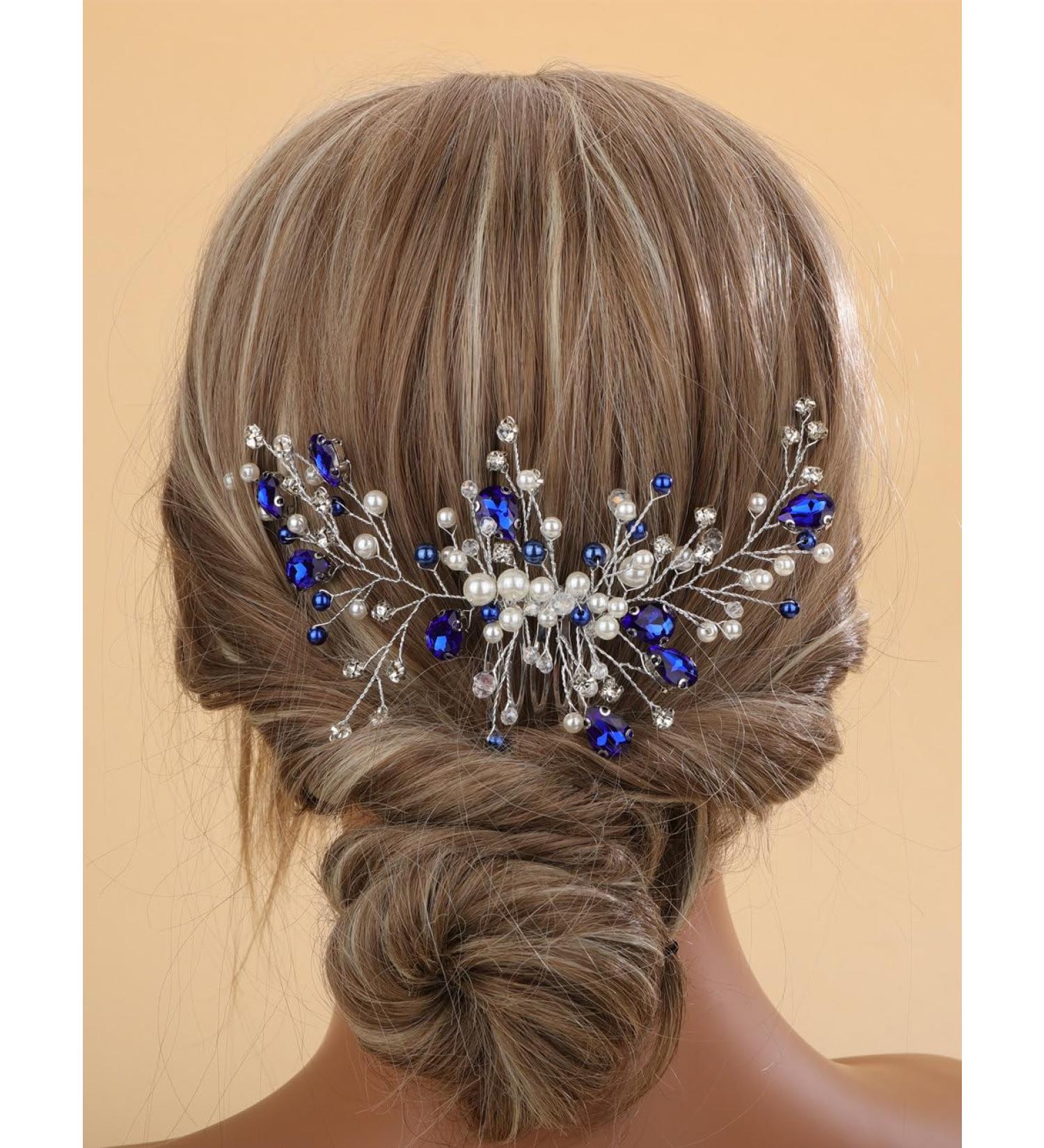 Sither Blue Crystal Hair Clip for Women Bridal Wedding Pearls Hair Comb for Women Headpiece Hair Accessories for Bride Party Prom Gift - Buy Online on GoSupps.com