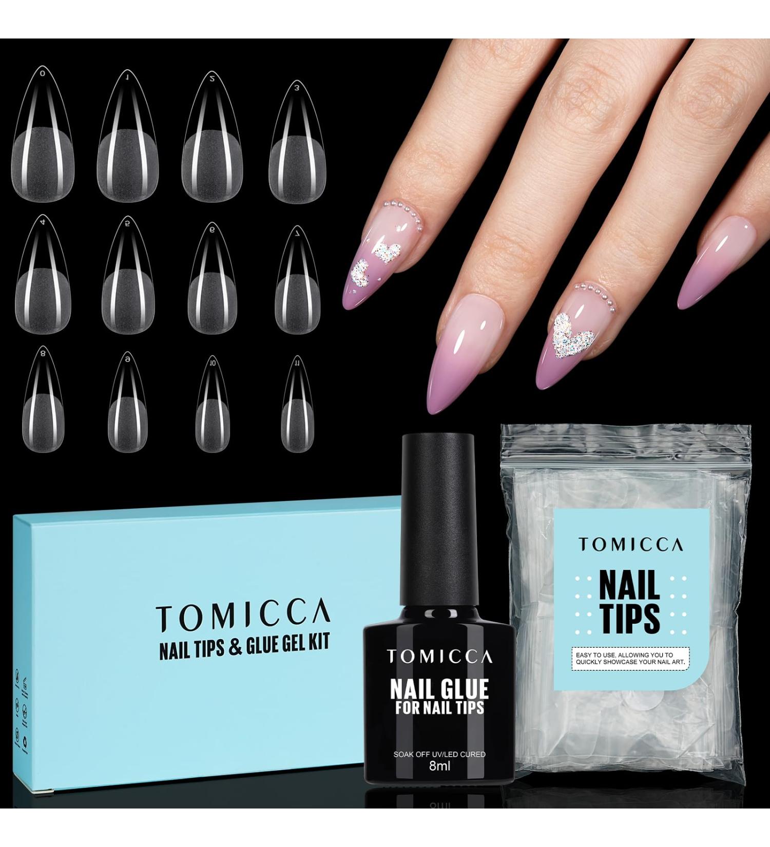 Tomicca Stiletto Artificial Nail Tips Set - 120 Pcs Soft Gel Full Cover with Nail Glue Professional Salon Quality 12 Sizes - Buy Online on GoSupps.com