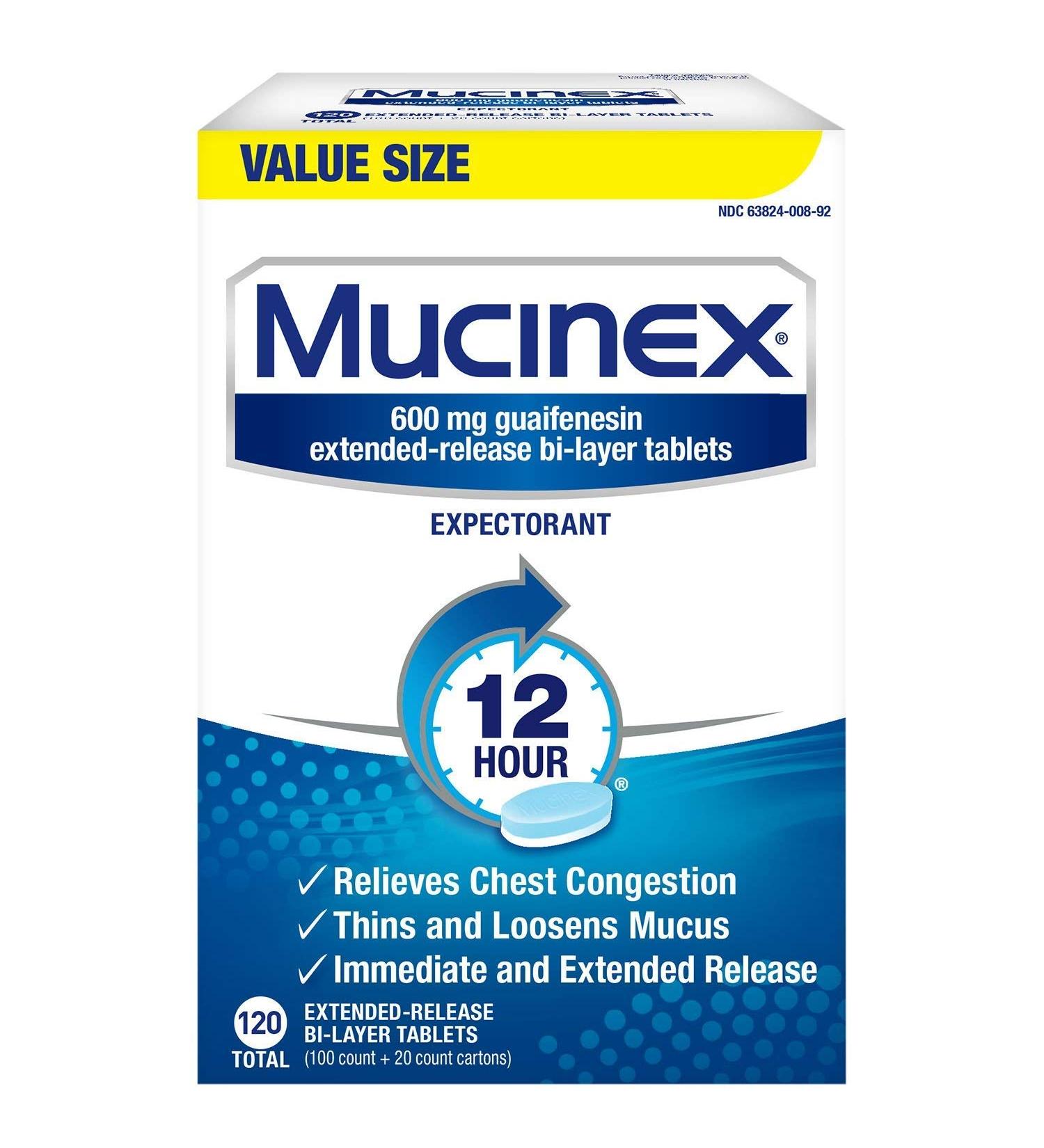Mucinex 12 Hour Maximum Strength Chest Congestion Expectorant Tablets 600mg Guaifenesin with Extended Relief Pack of 1 120 Count